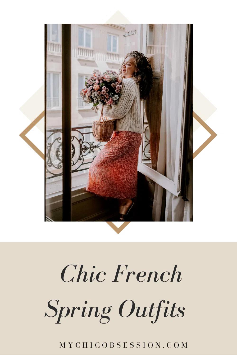 Woman wearing Red and white floral wrap dress on the balcony in Paris
