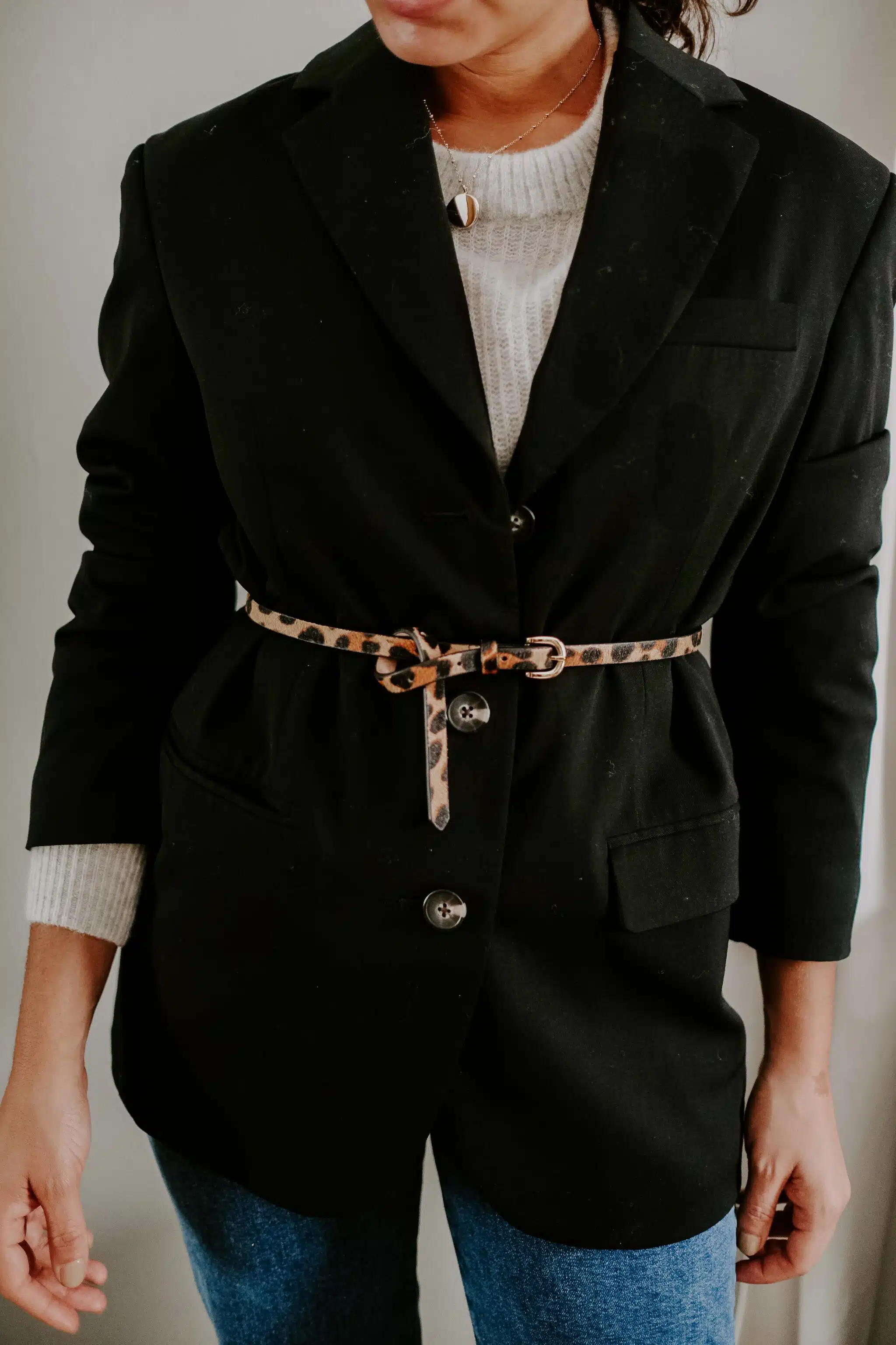 belted black blazer outfit