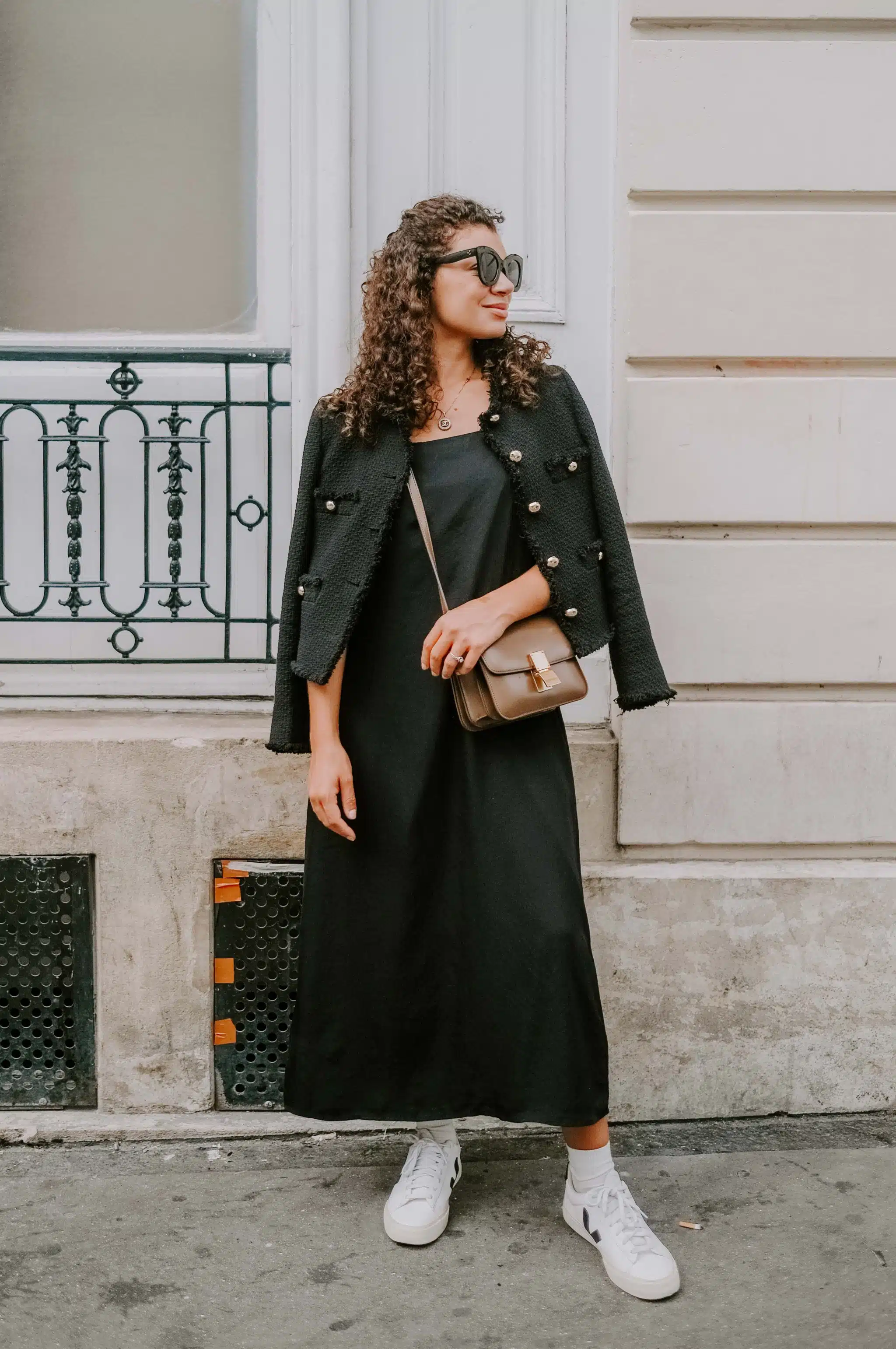 slip dress and lady jacket chic girl outfit