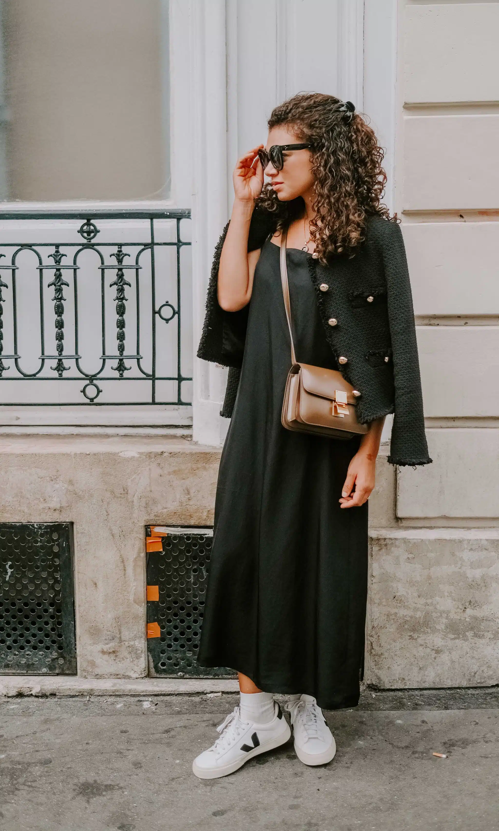slip dress and lady jacket chic girl outfit