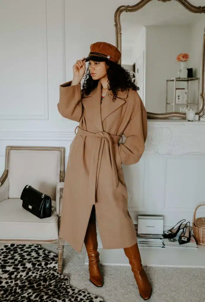 camel coat winter outfit