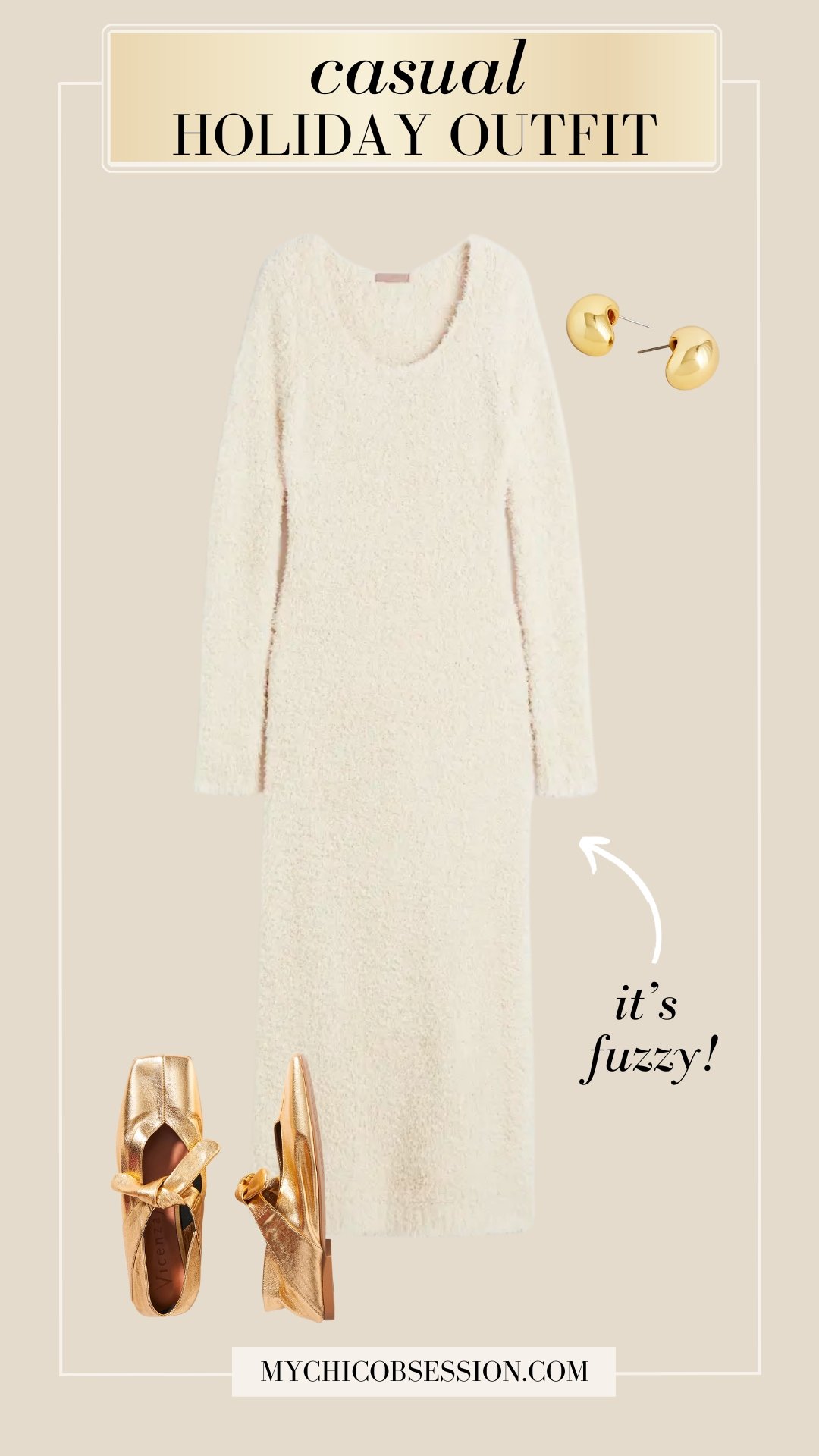 casual holiday outfit, fuzzy boucle dress