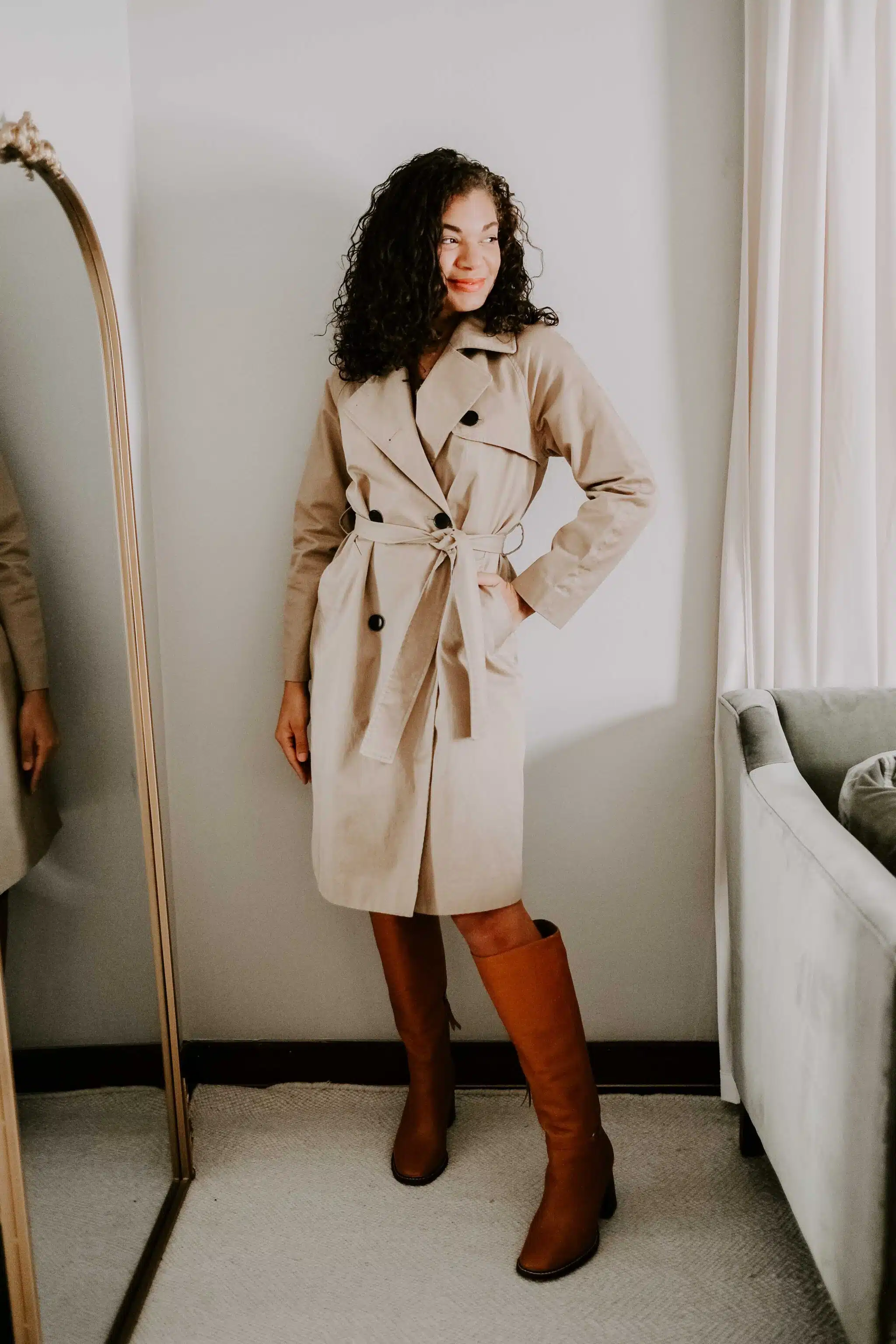 trench coat outfit with boots