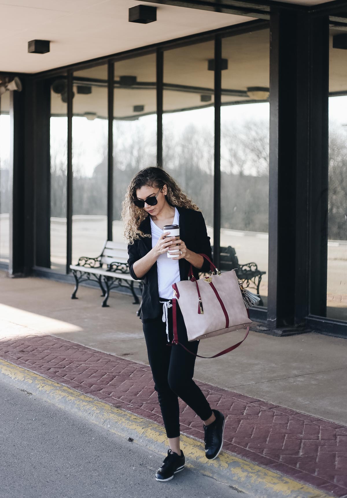 comfy airport outfit with joggers and a blazer