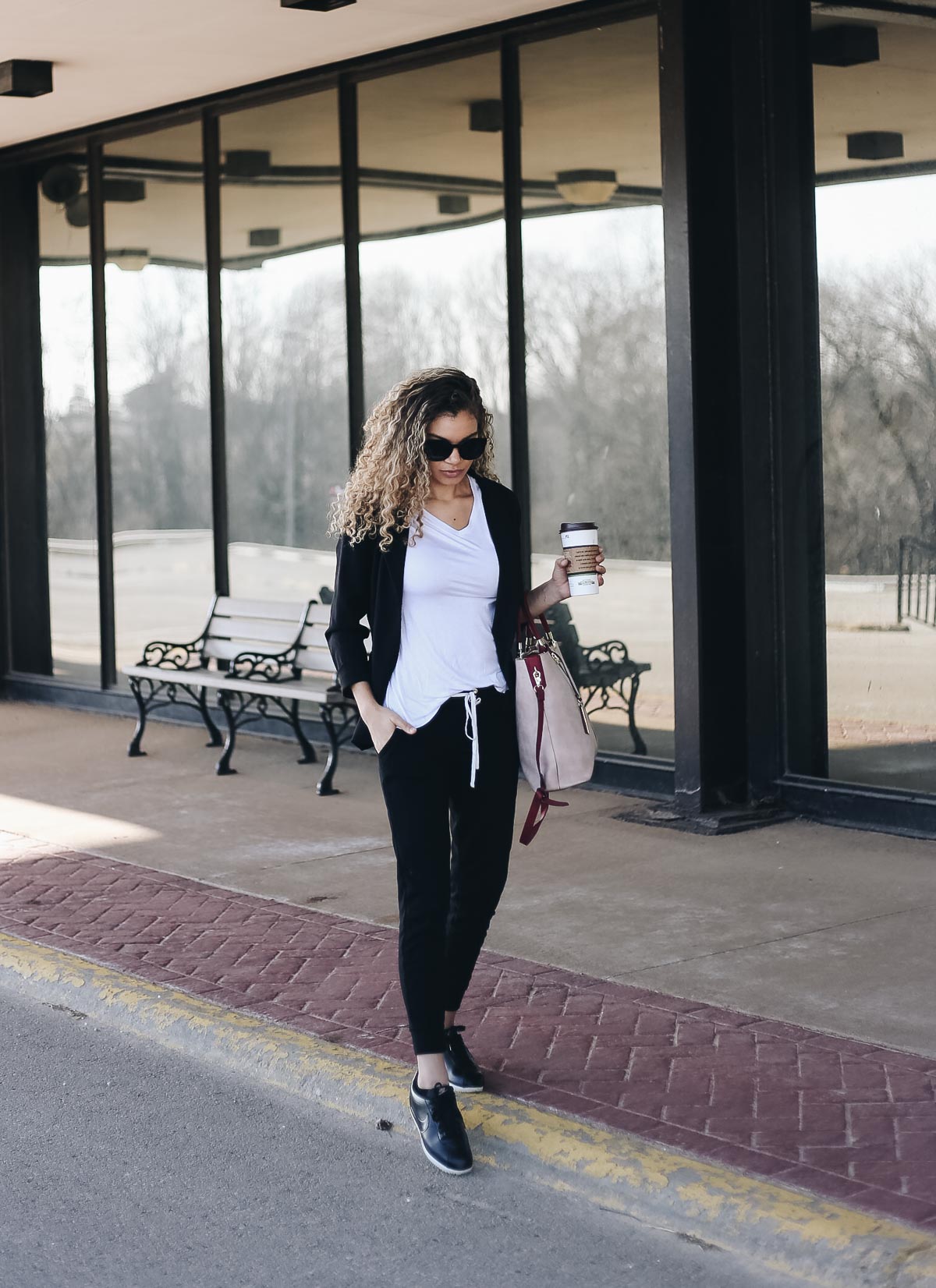 comfy airport outfit with joggers and a blazer
