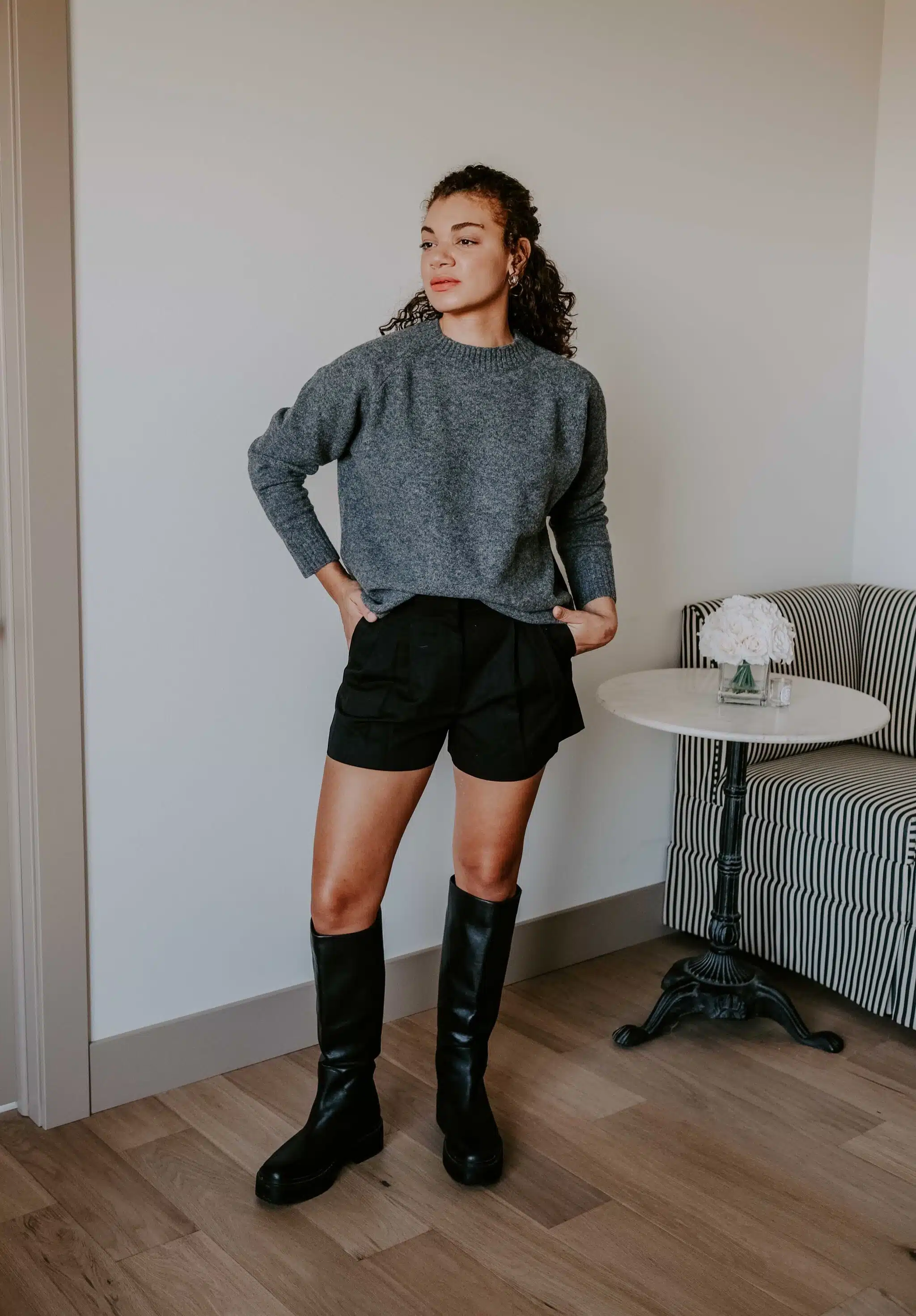 shorts and sweater fall outfit