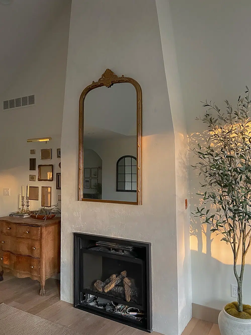 DIY plaster of paris white tapered fireplace great room