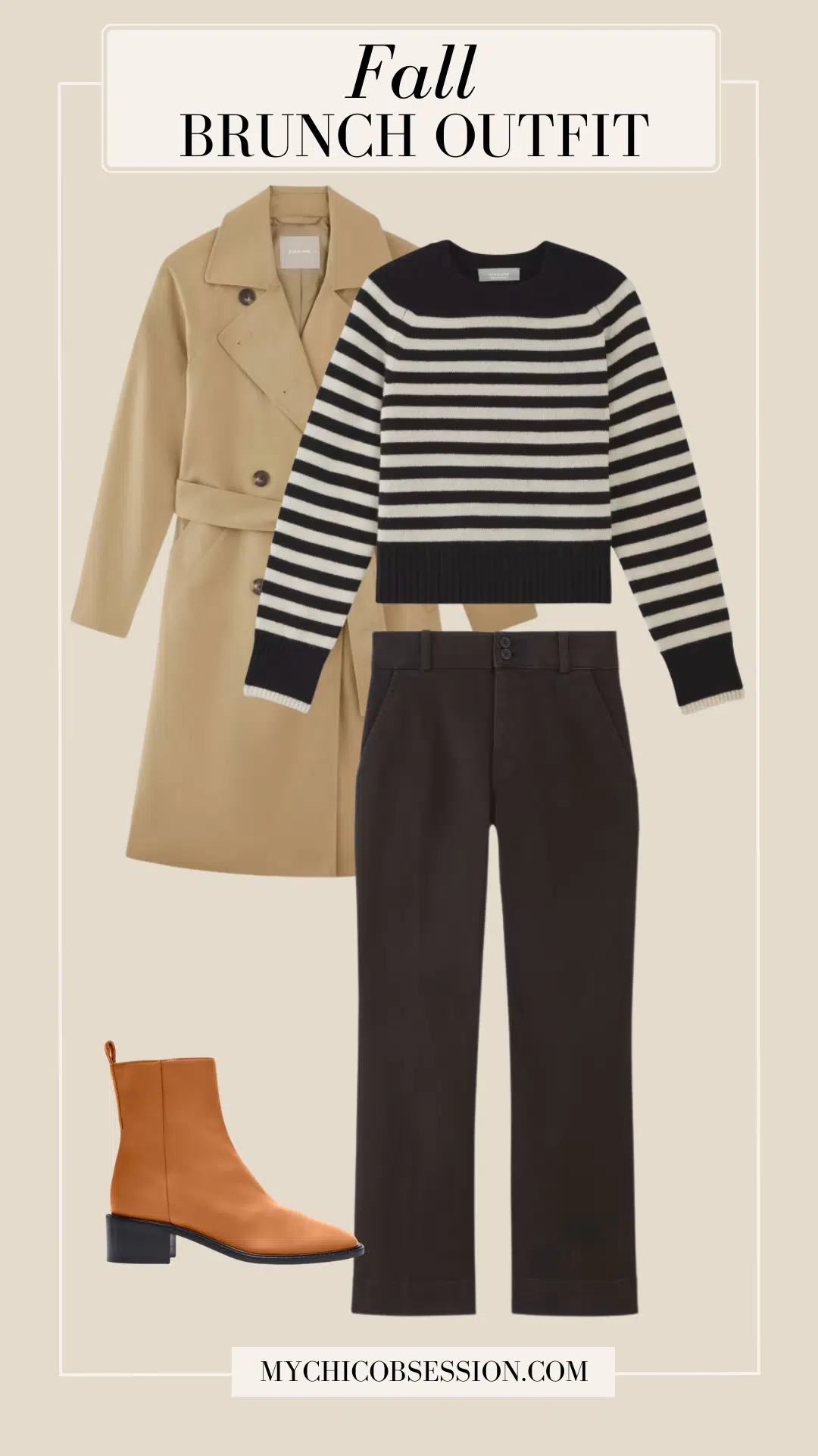 trench coat and striped sweater fall brunch outfit