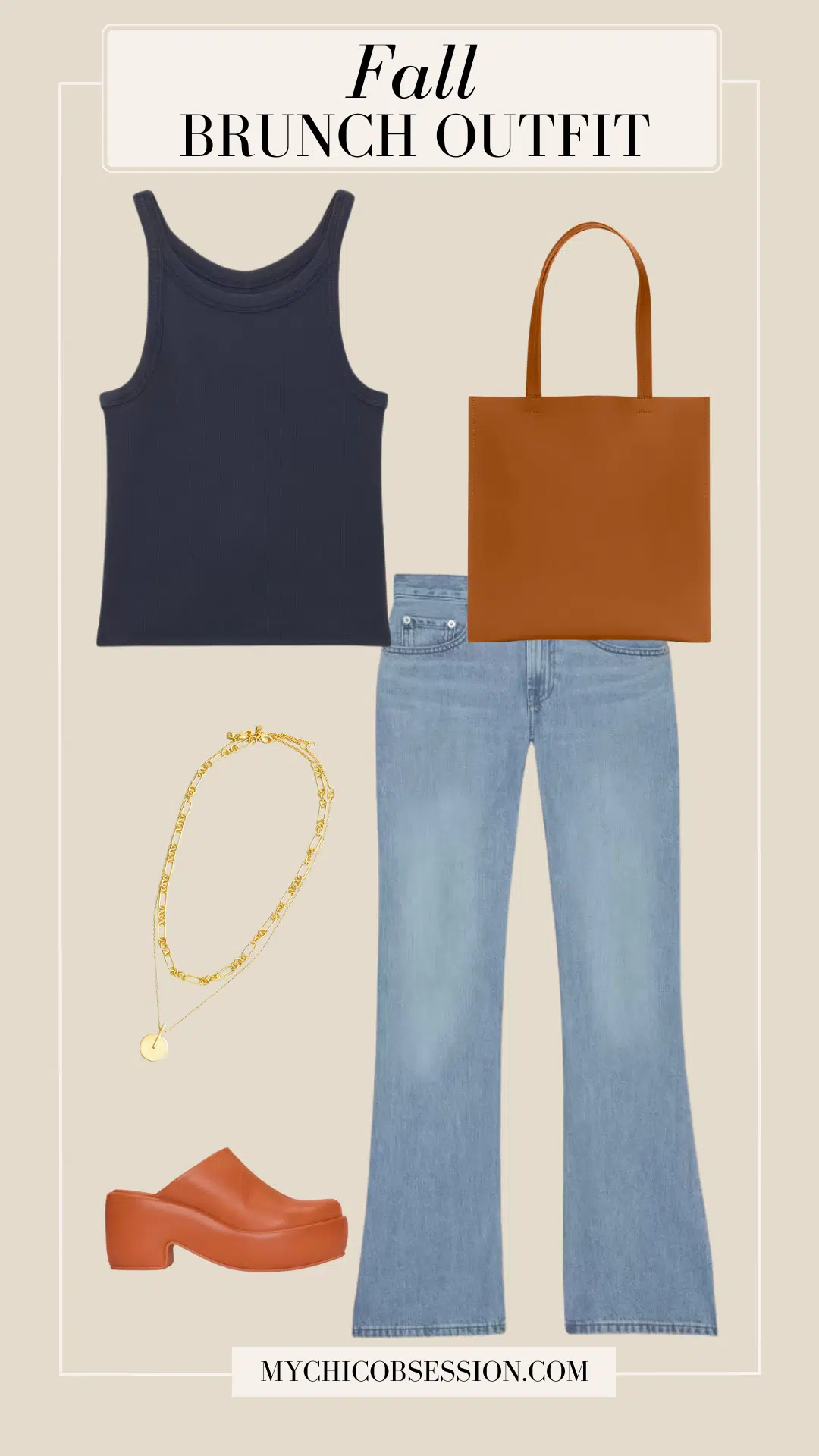 tank top, jeans, and clogs fall brunch outfit idea