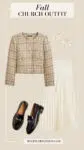 fall church outfit crepe white midi skirt plaid lady jacket black loafers