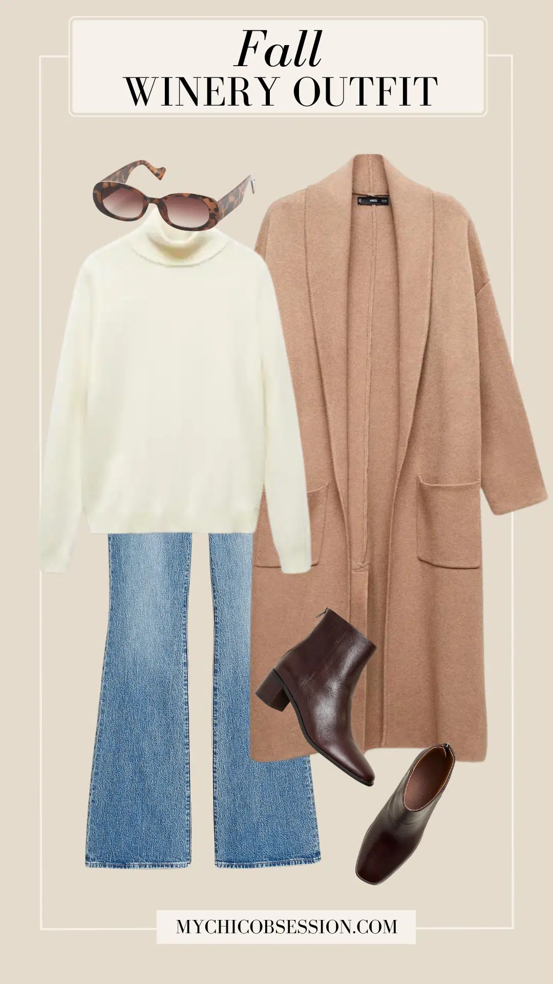 fall winery outfit camel cardigan coat cream turtleneck flared jeans ankle boots sunglasses