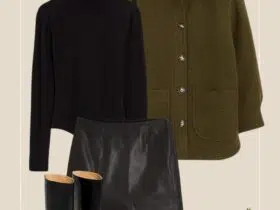 fall winery outfit light jacket black turtleneck black shoulder bag black leather flat tall boots leather mini skirt