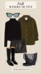 fall winery outfit light jacket black turtleneck black shoulder bag black leather flat tall boots leather mini skirt