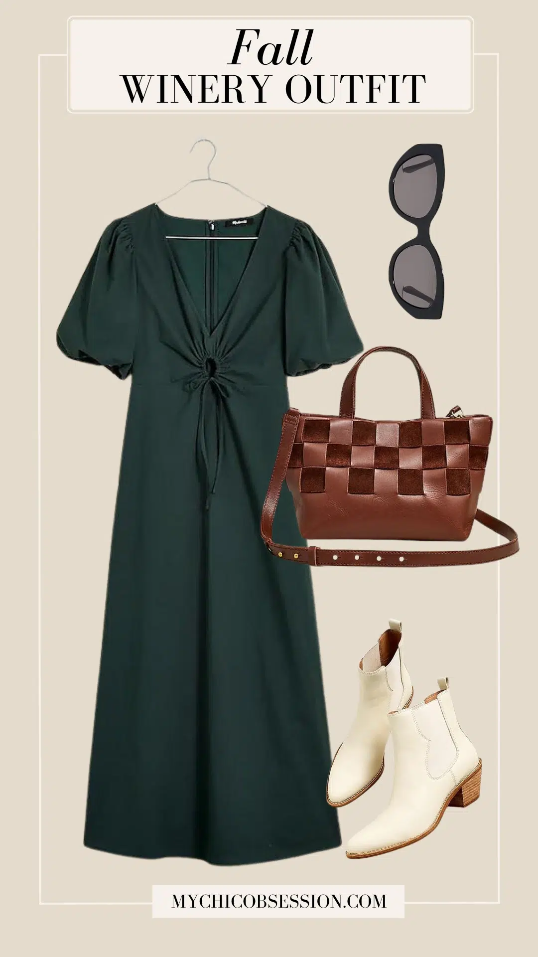 midi dress dark green woven pattern shoulder tote bag white cowgirl boots sunglasses