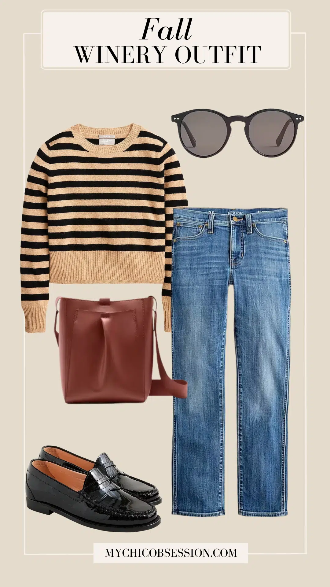 fall winery outfit striped sweater sunglasses leather tote bag loafers
