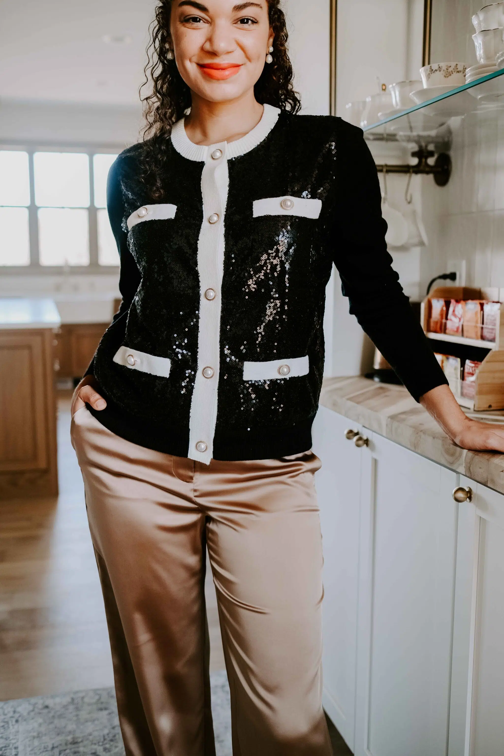 sequin lady jacket cardigan hosting outfit