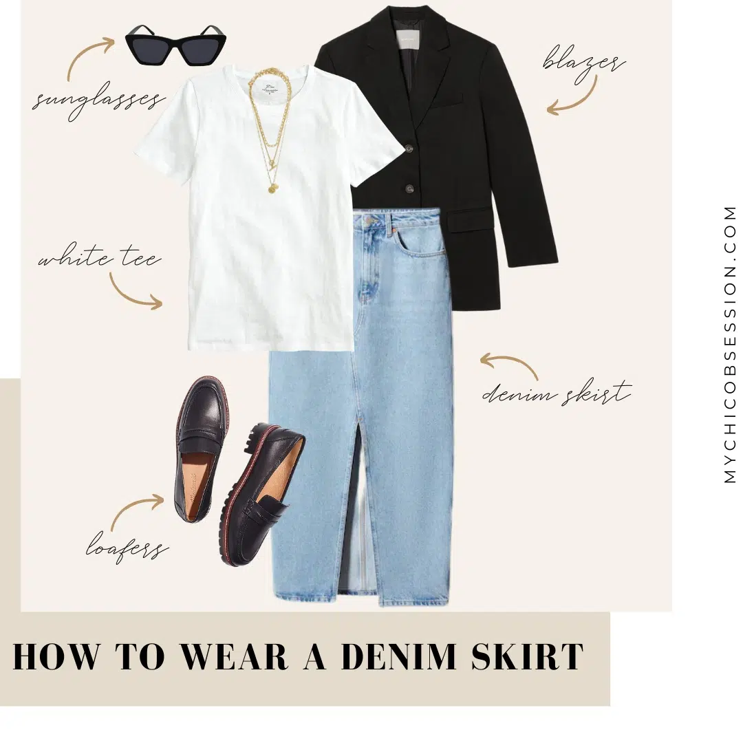 how to wear a denim skirt with a blazer