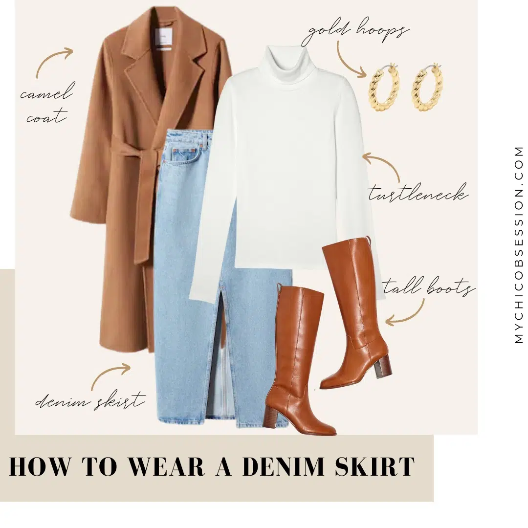 how to wear a denim skirt with knee high boots