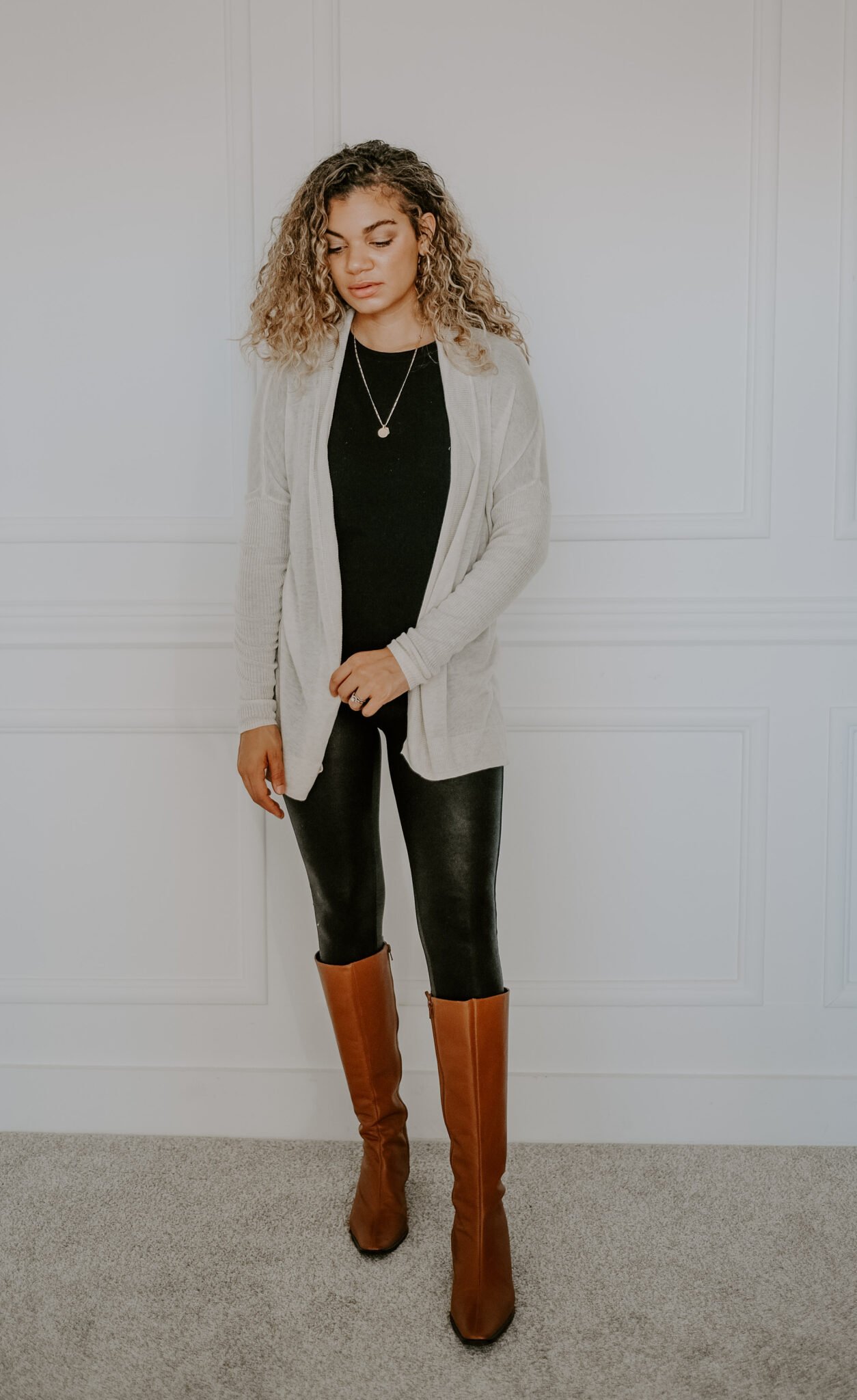 leather leggings with brown boots outfit