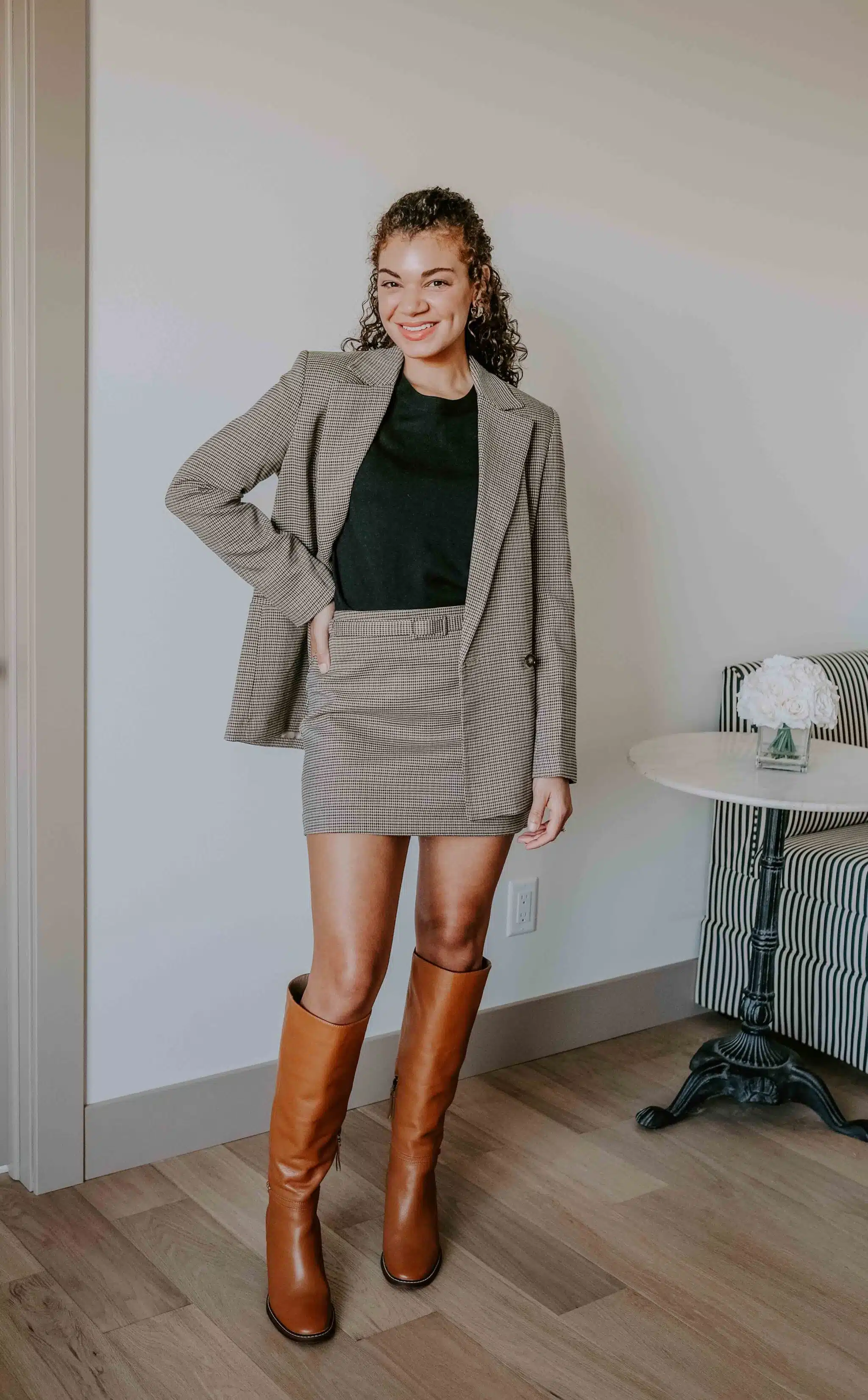 matching blazer mini skirt set thanksgiving fall outfit idea