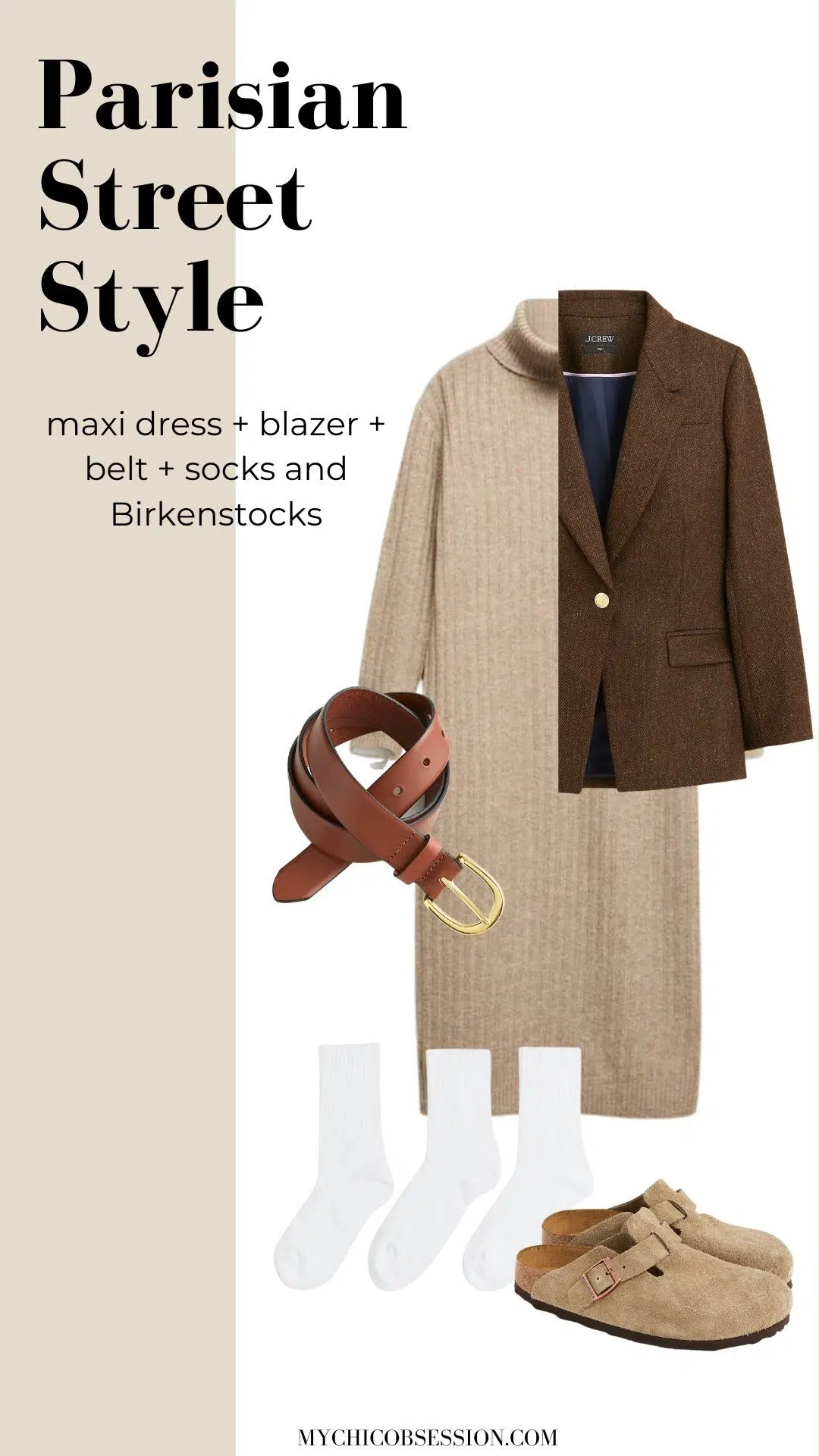 maxi dress + blazer + belt + socks + birkenstocks
