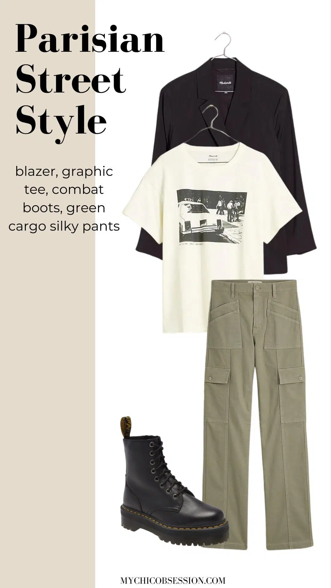 blazer + graphic tee + combat boots + green silky cargo pants