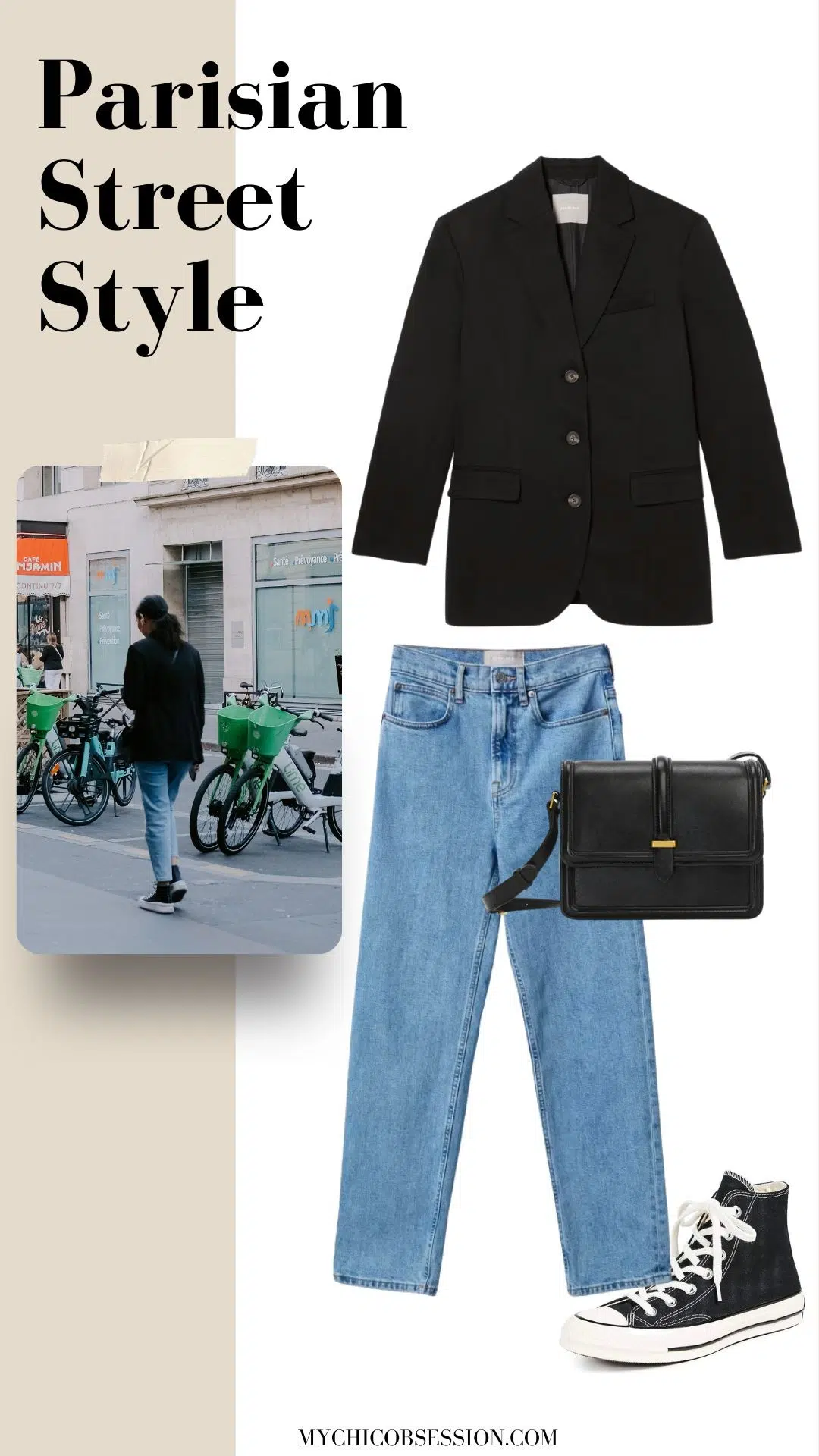 black blazer + slim jeans + converse