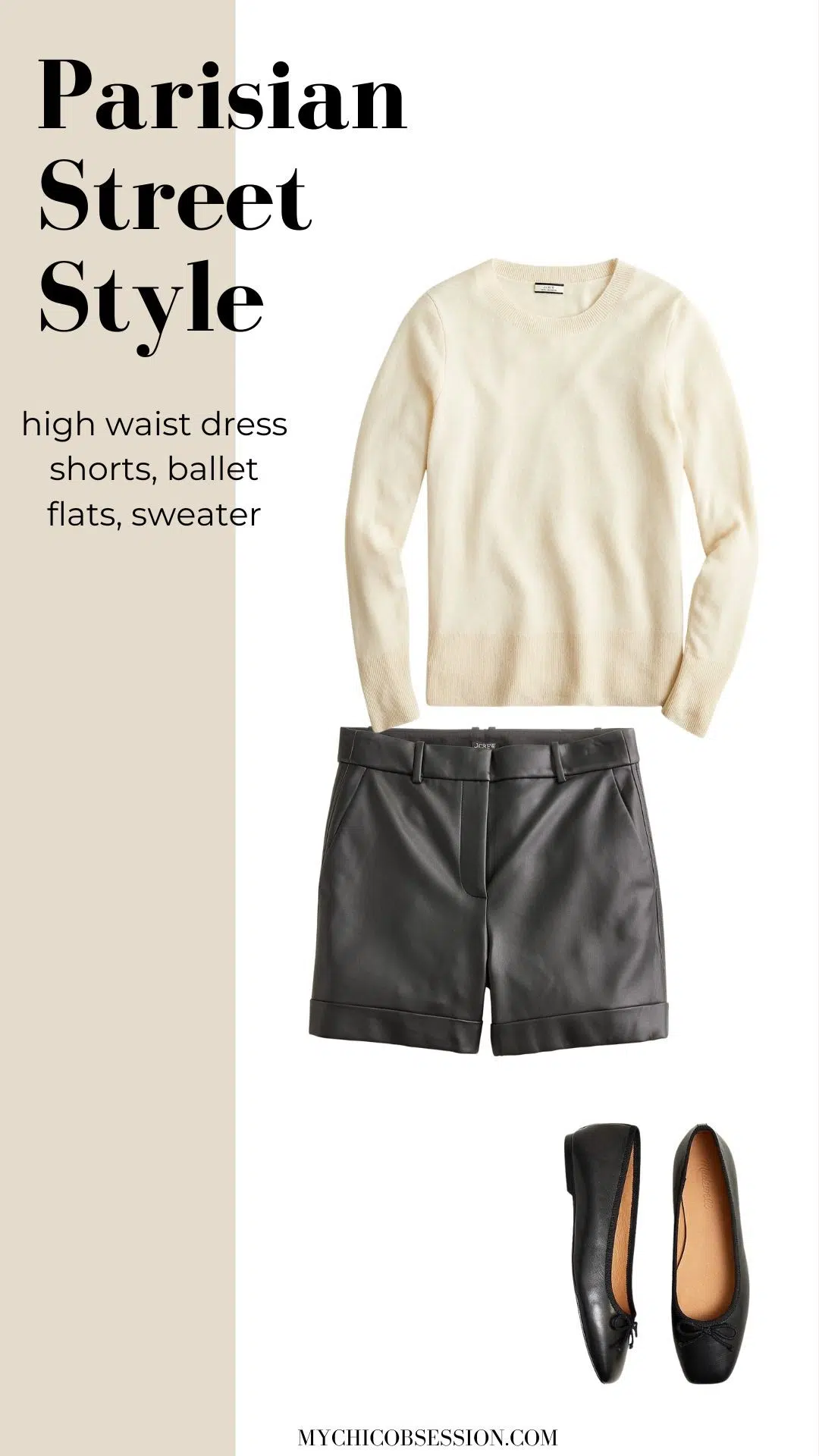 high waist dress shorts + ballet flats + sweater
