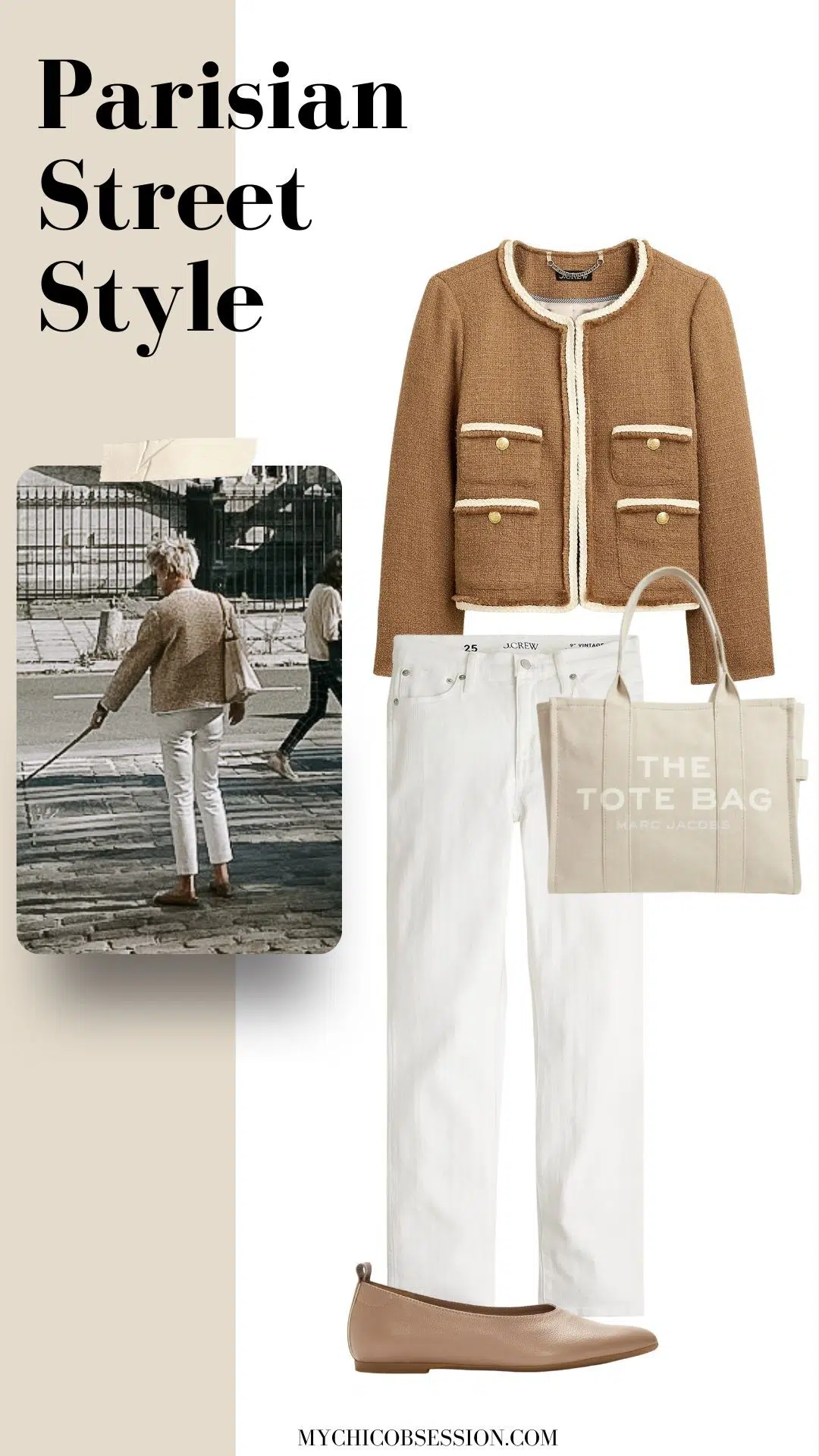 lady jacket + white pants + tote bag + flats