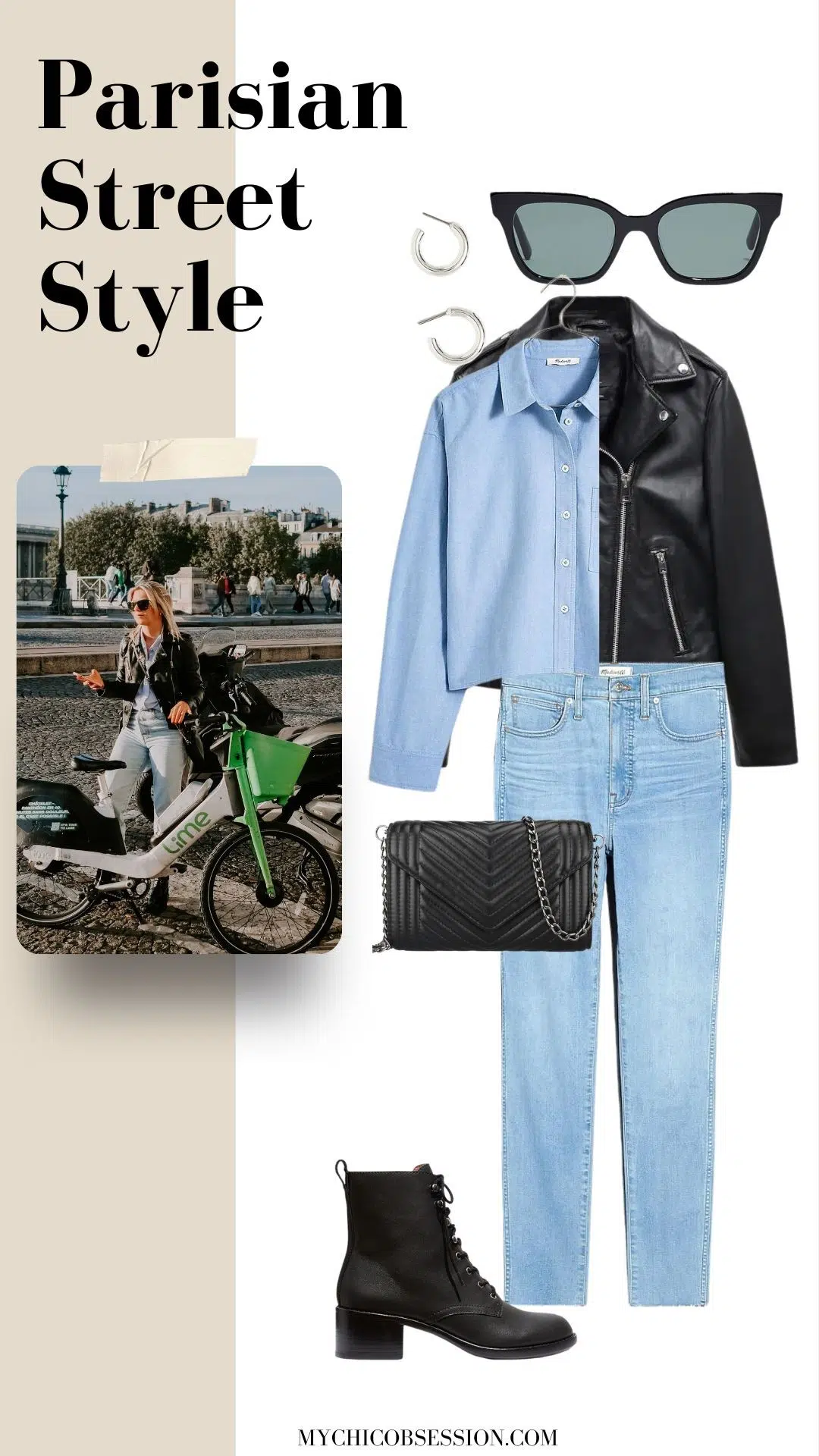 blue oxford shirt + motorcycle jacket + lace-up boots