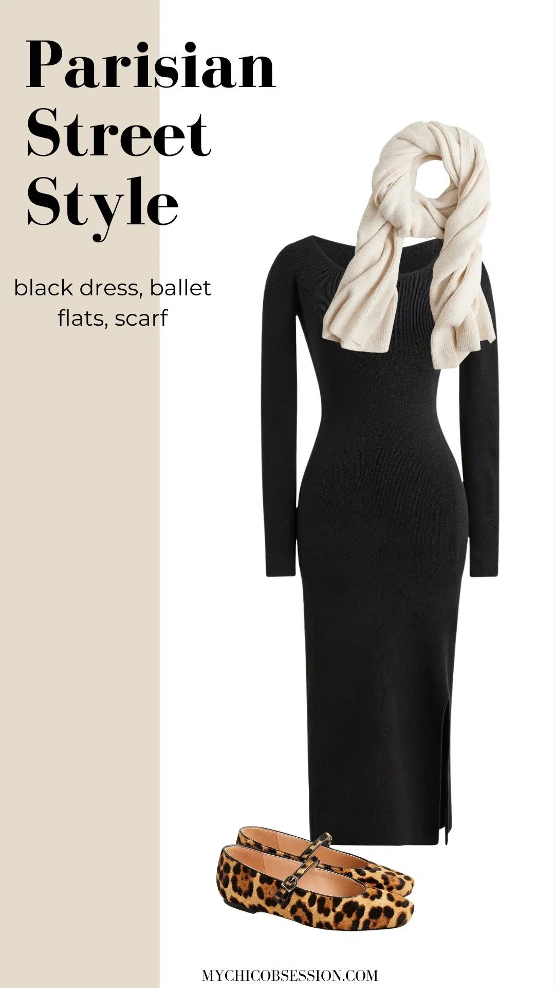 black dress + ballet flats + scarf