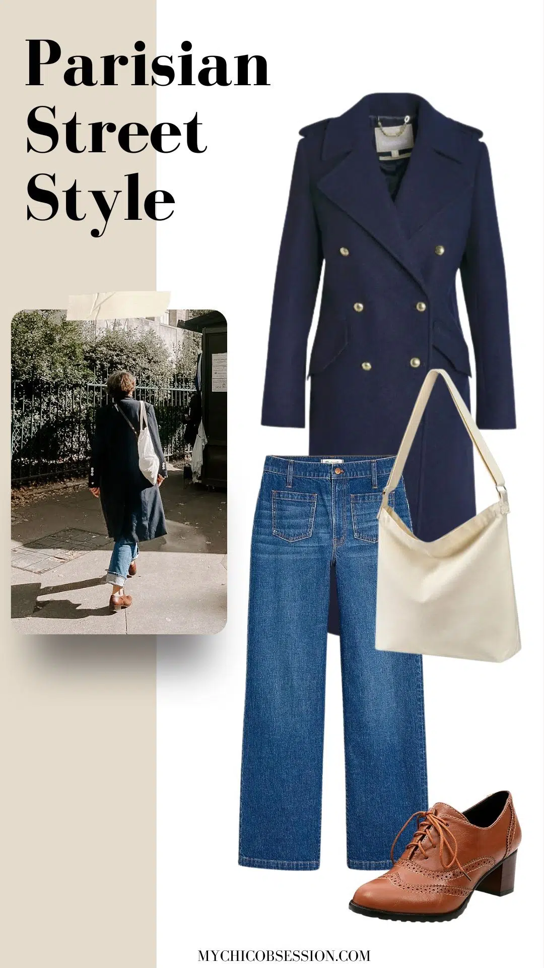 navy coat + cuffed jeans + canvas tote