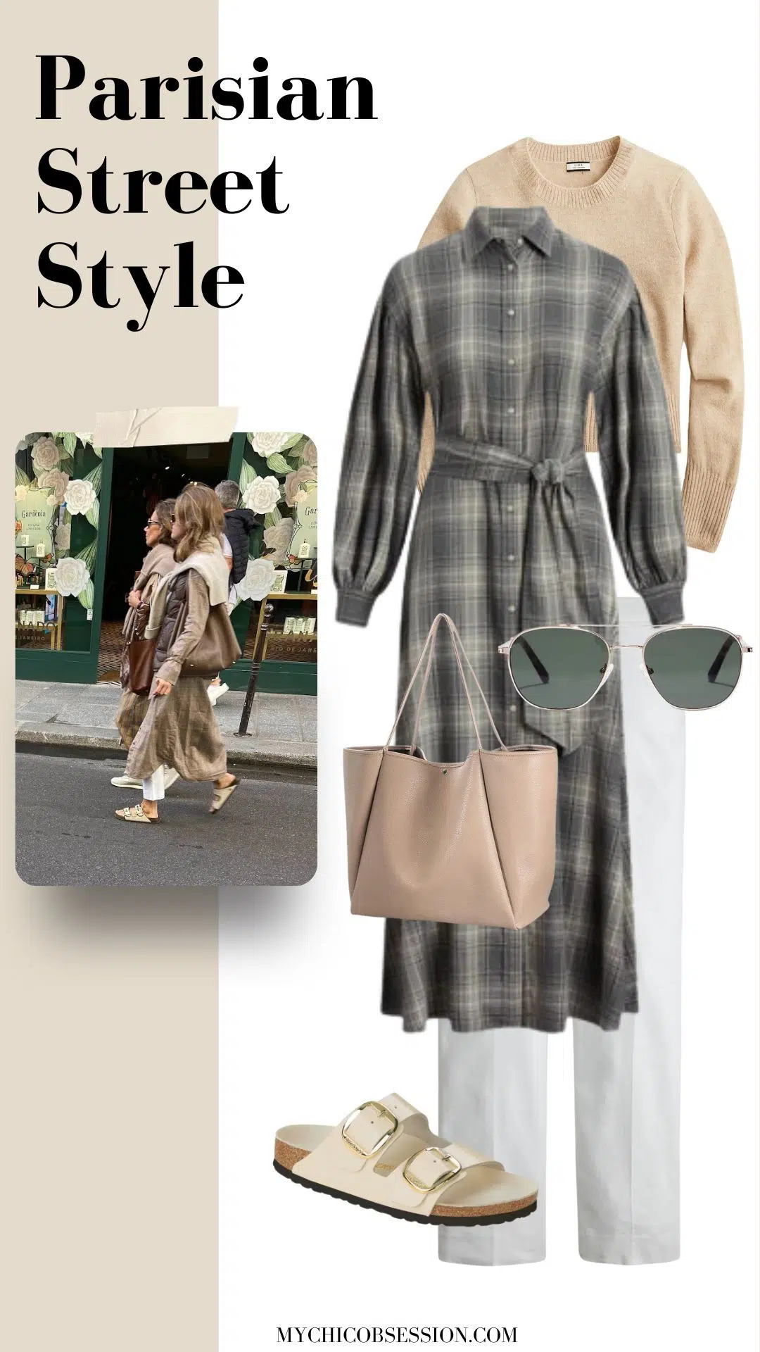 plaid maxi shirtdress + sweater over the shoulders + white pants