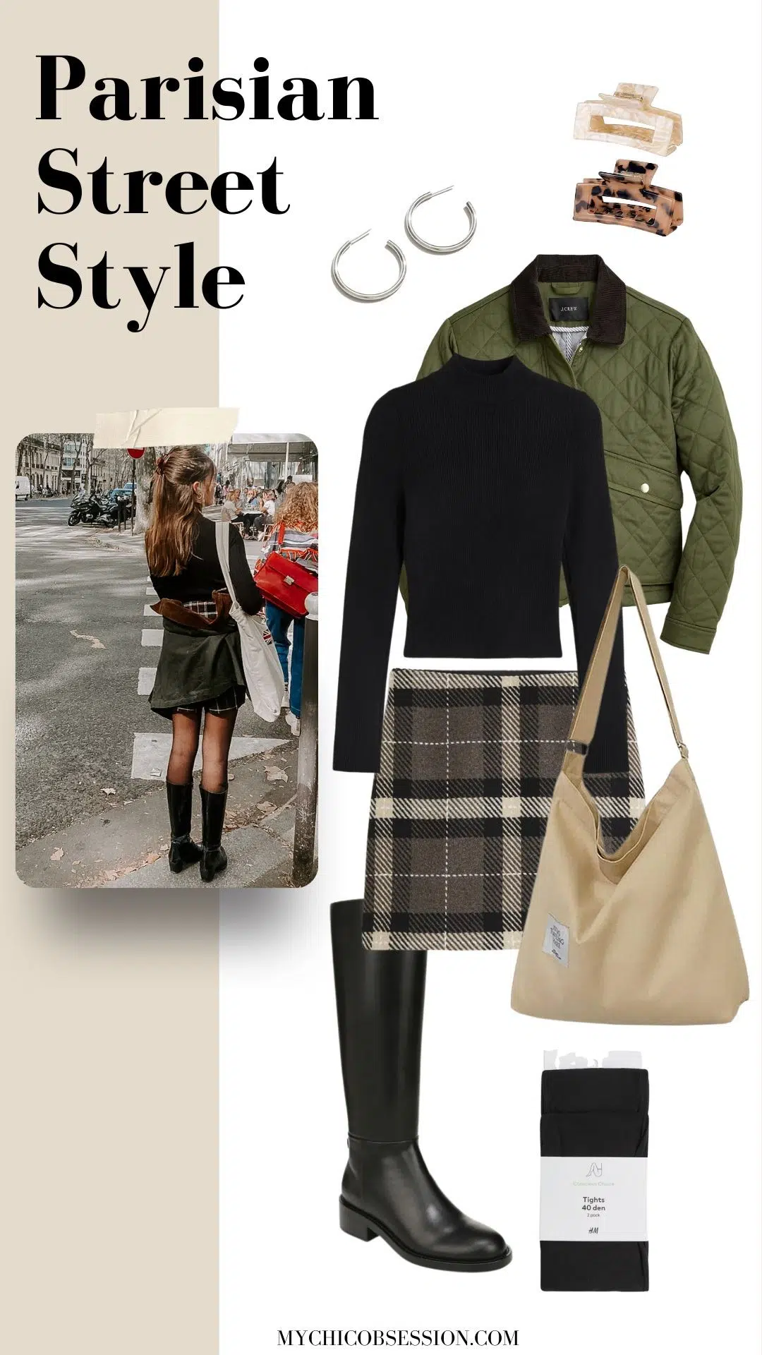 turtleneck + quilted coat + plaid mini skirt + claw clip