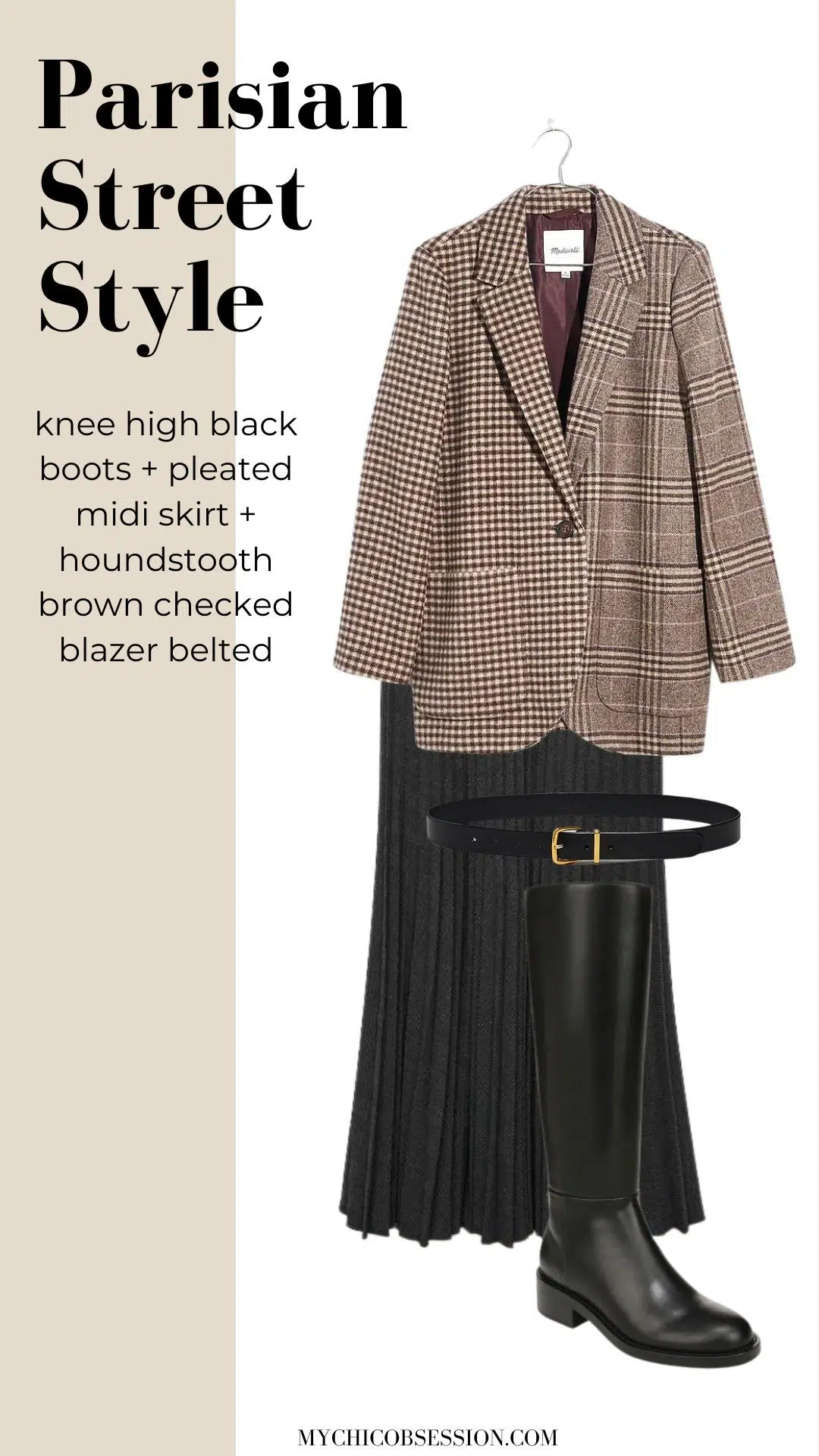 knee high black boots + pleated midi skirt + houndstooth brown checked blazer belted