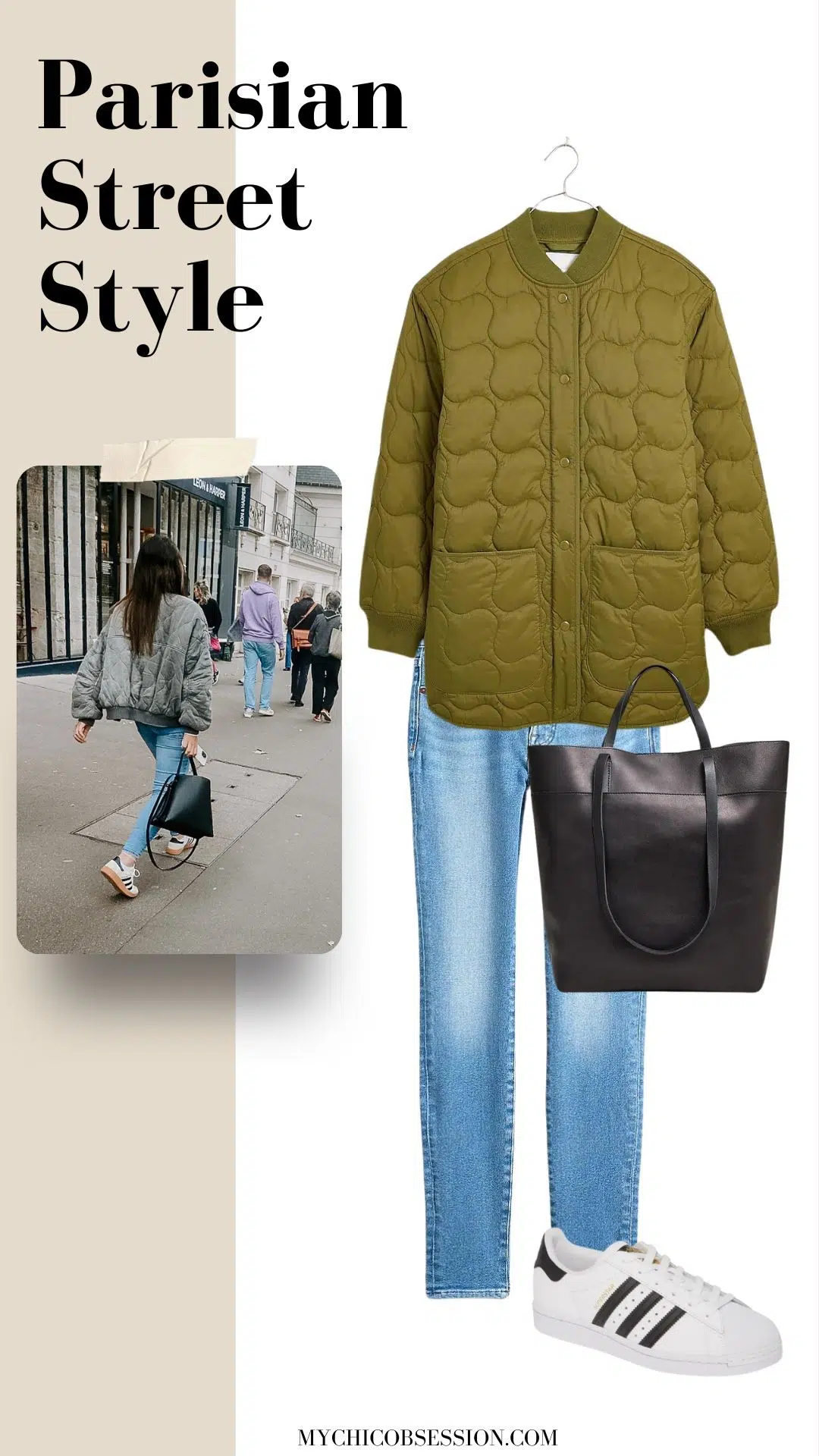 quilted jacket + skinny jeans + adidas sneakers + tote bag
