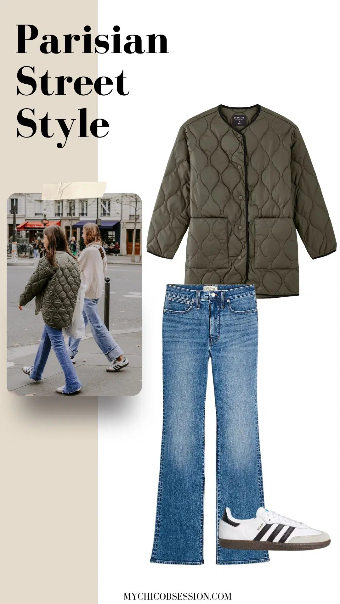 quilted jacket + flared jeans + samba sneakers