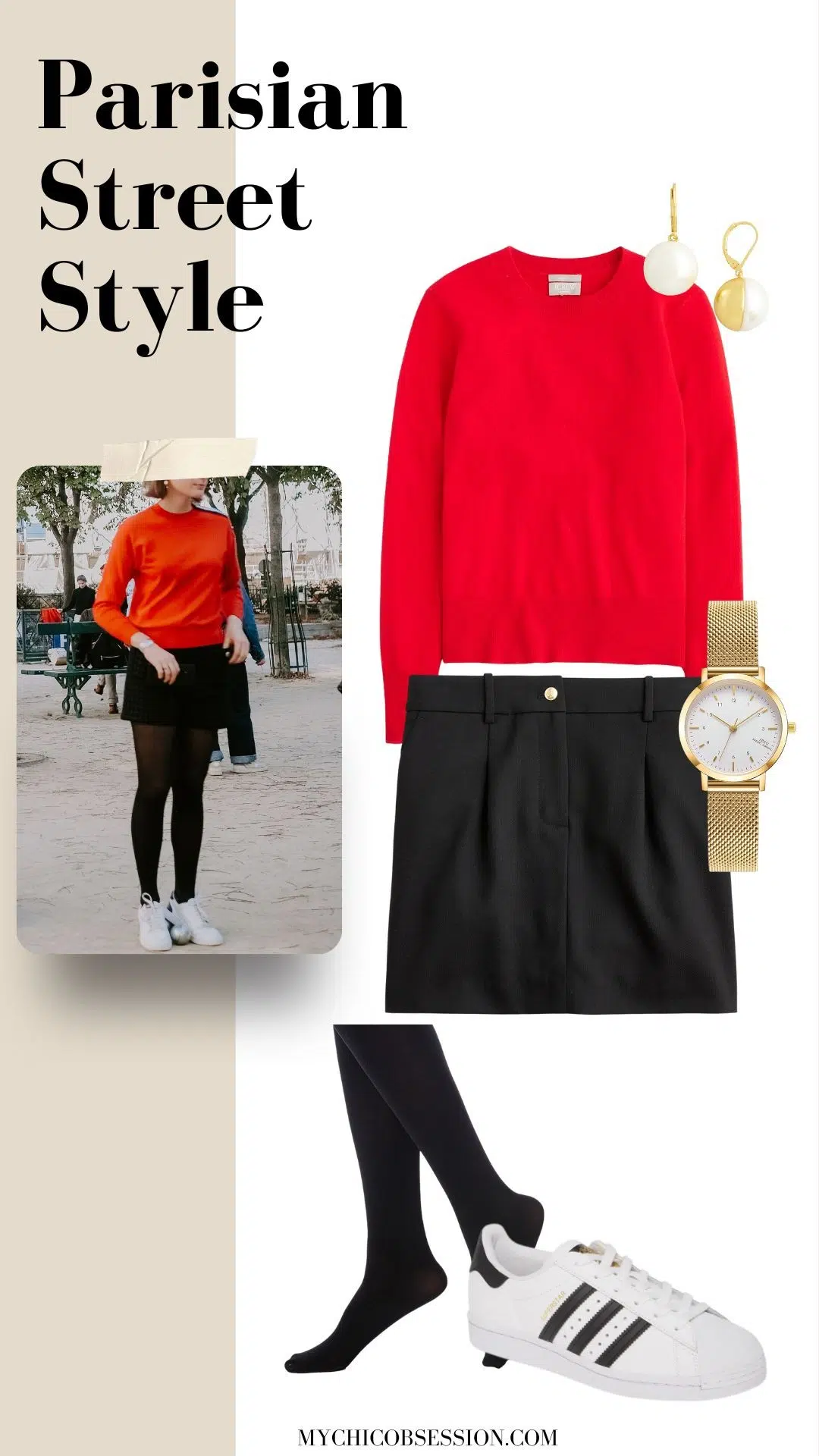 red sweater + black mini skirt + tights + sneakers