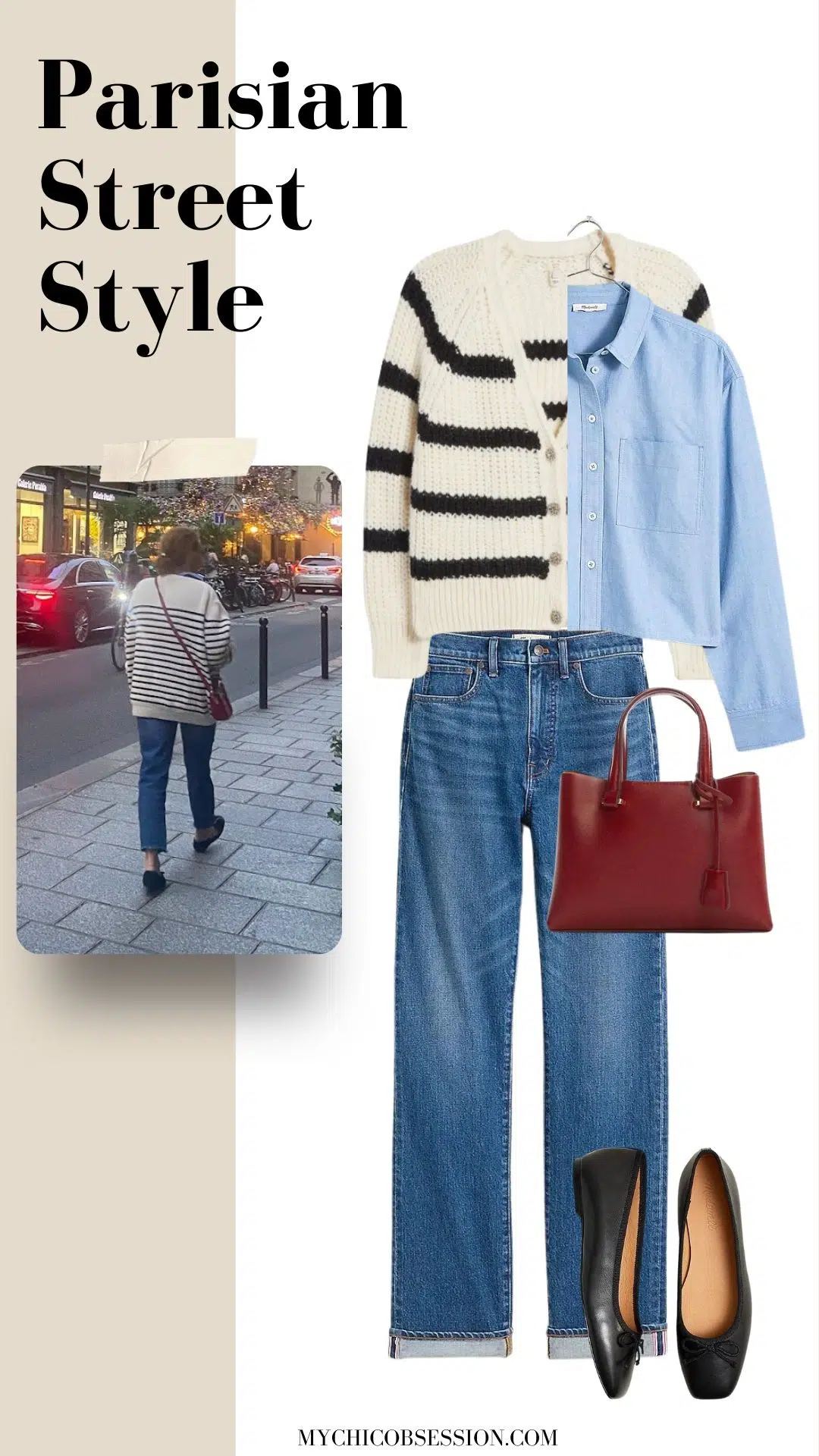 striped knit sweater + blue oxford + wide-legged jeans + ballet flats