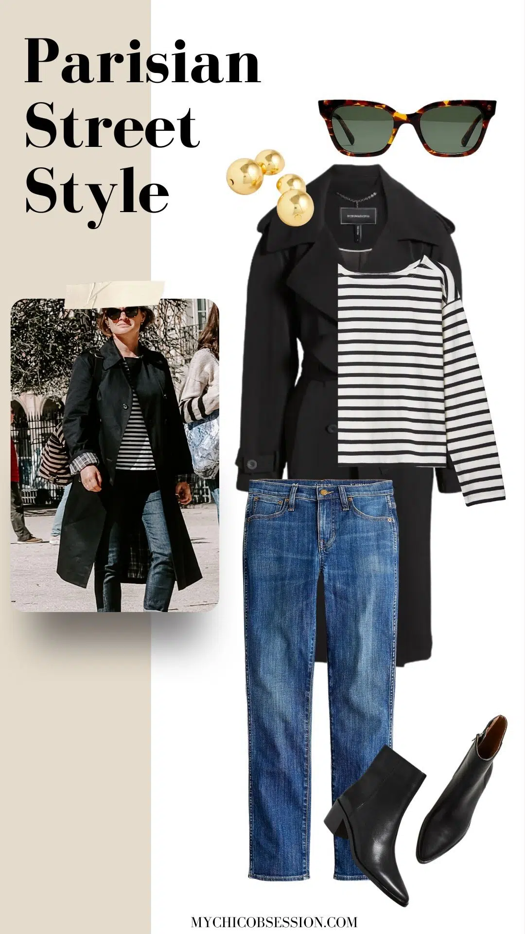 black trench coat + striped shirt + ankle boots