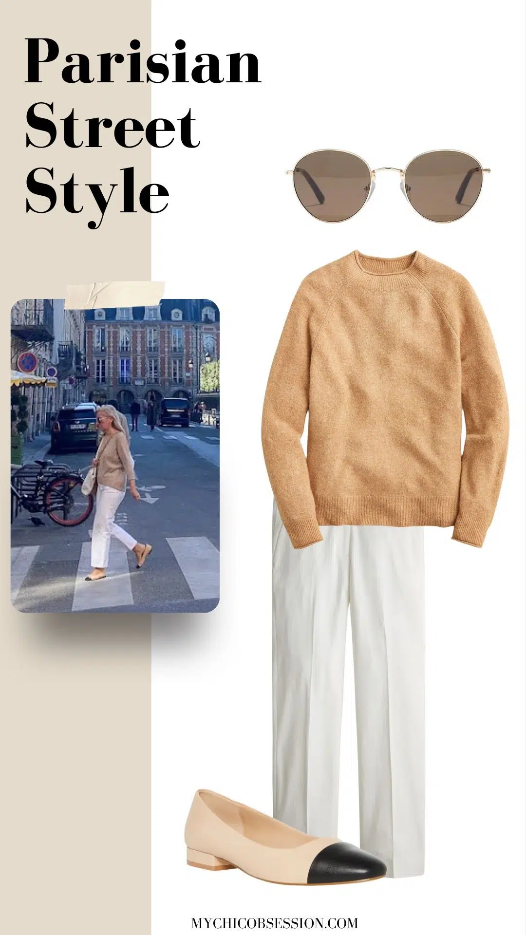 sweater + white pants + two-tone flats