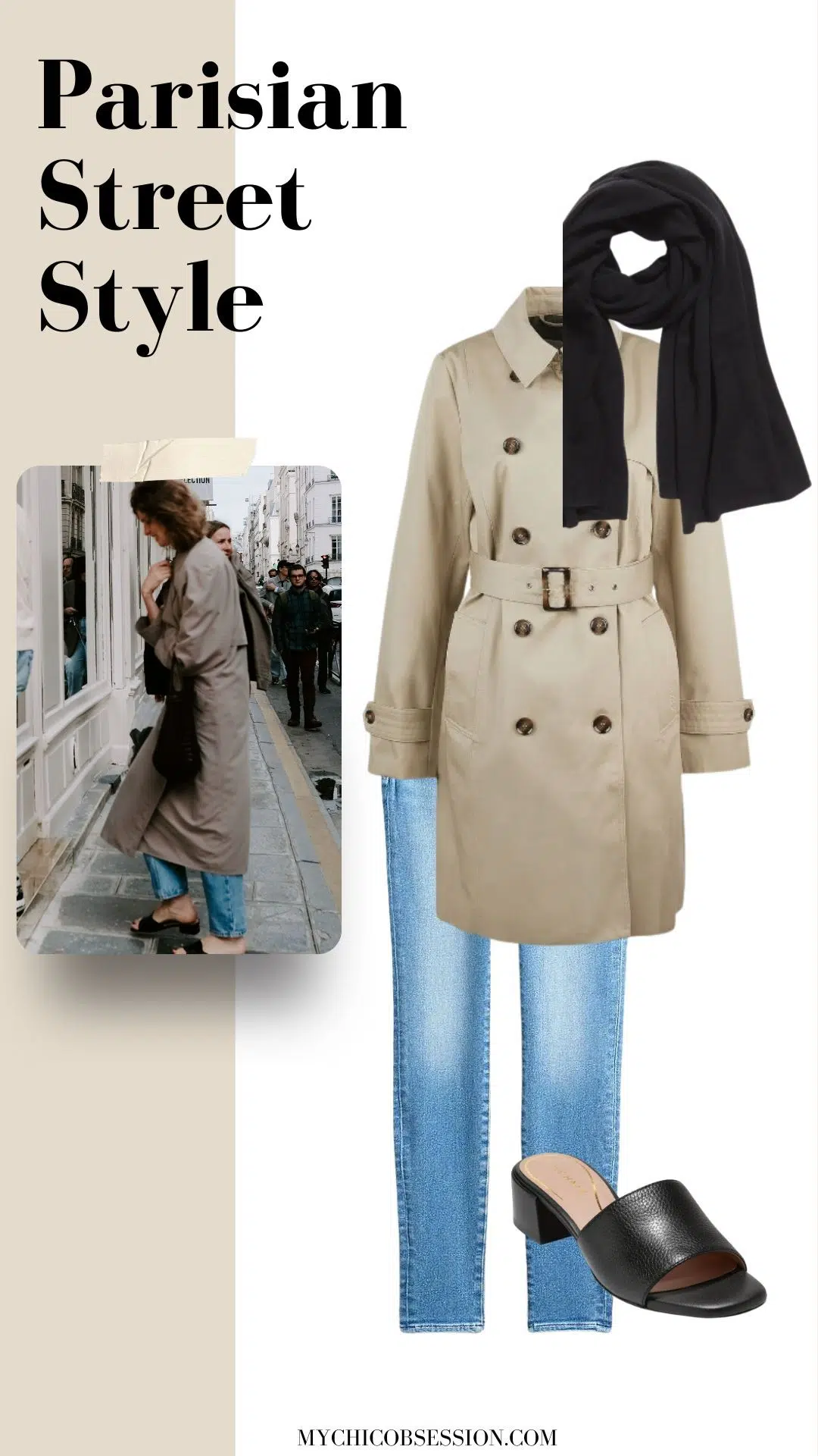 trench coat + slim jeans + scarf