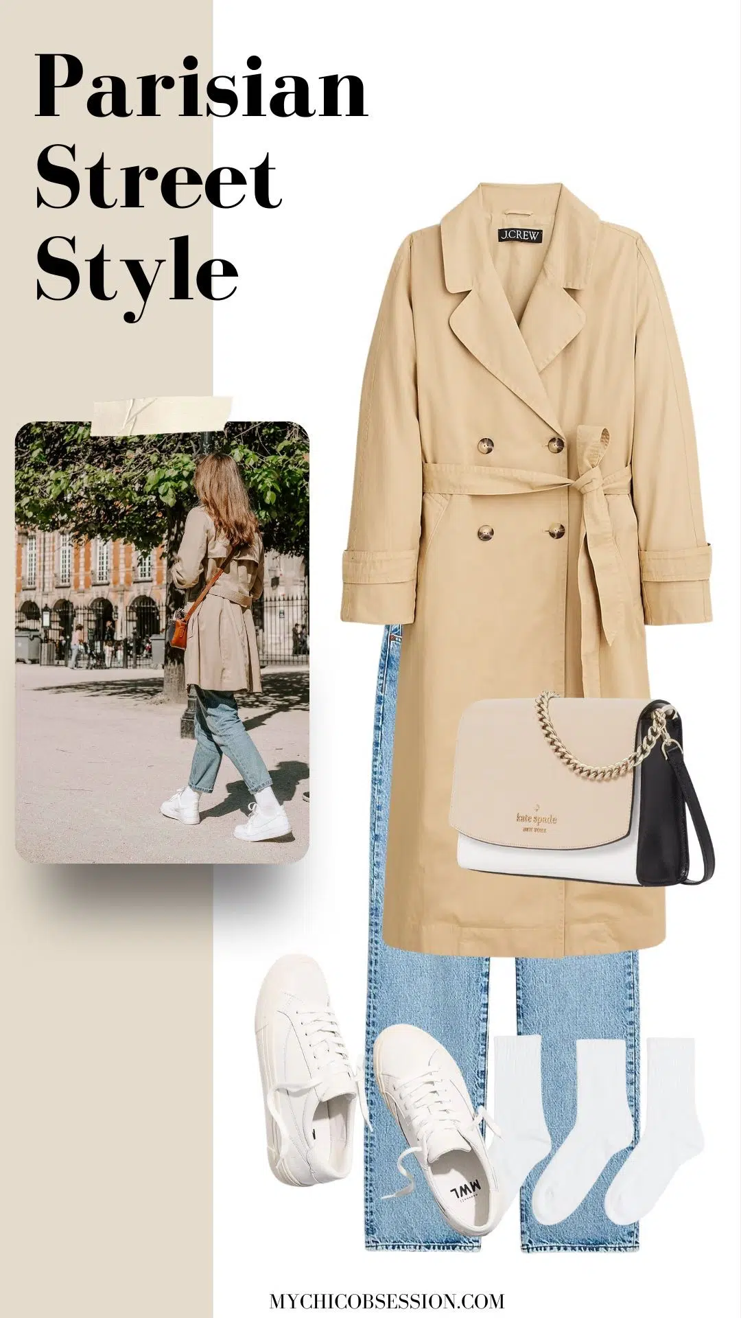 trench coat + sneakers + ankle socks + jeans