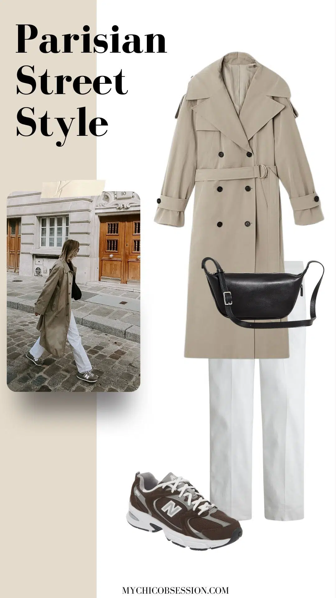 trench coat + shoulder bag + white trousers + sneakers