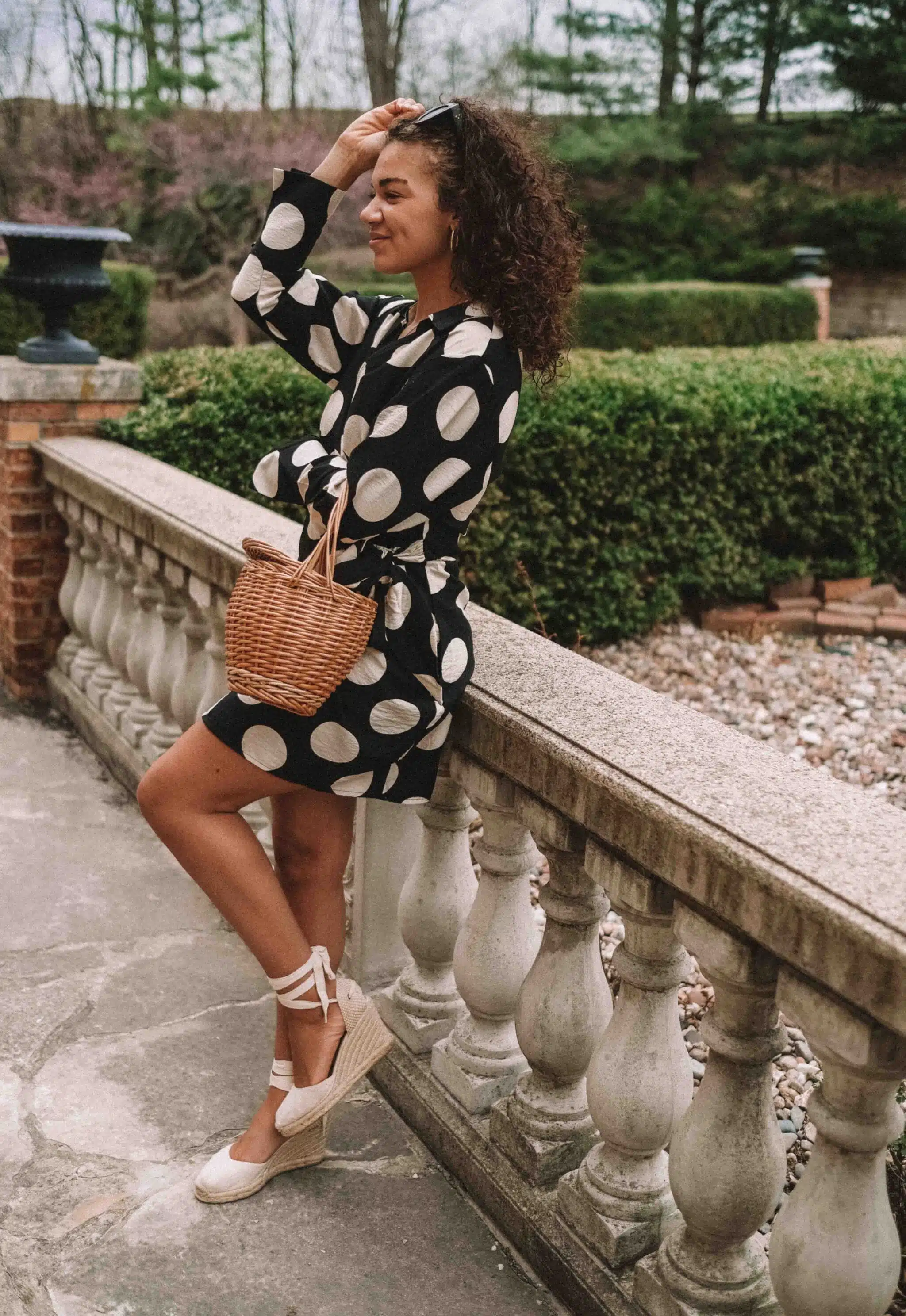 polka dot dress and espadrille wedges outfit