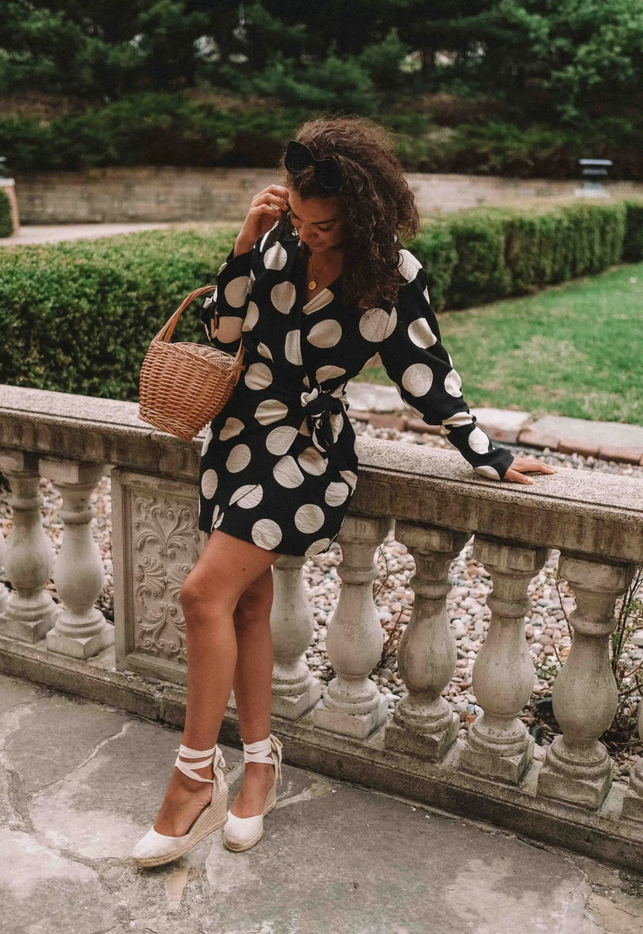 polka dot dress and espadrille wedges outfit
