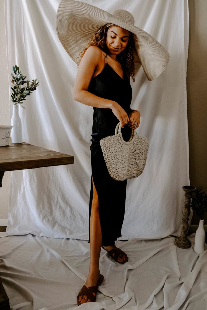 This slip dress outfit paired with this straw hat is the perfect summer outfit for vacation or any beach place!