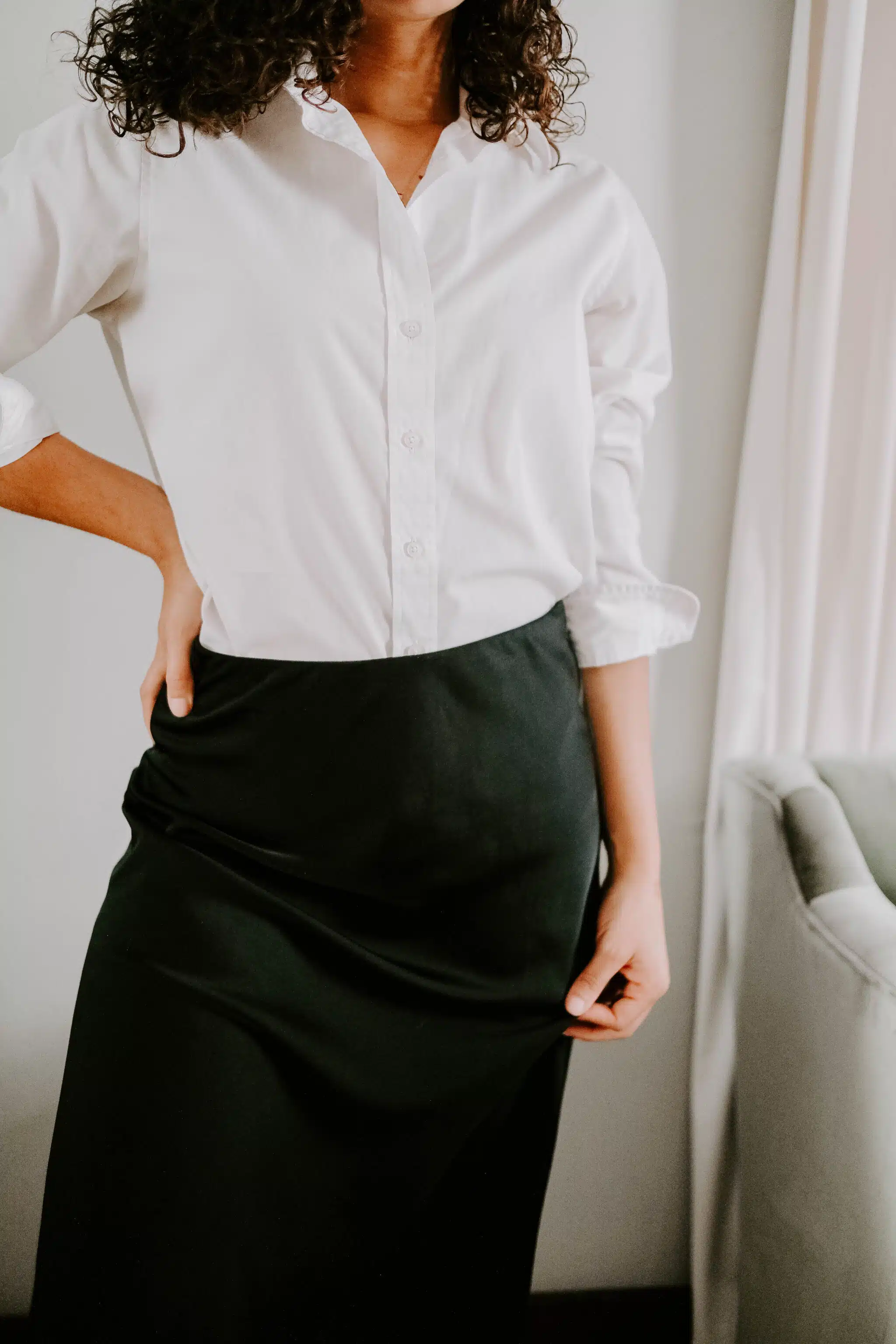 white button down and slip skirt outfit