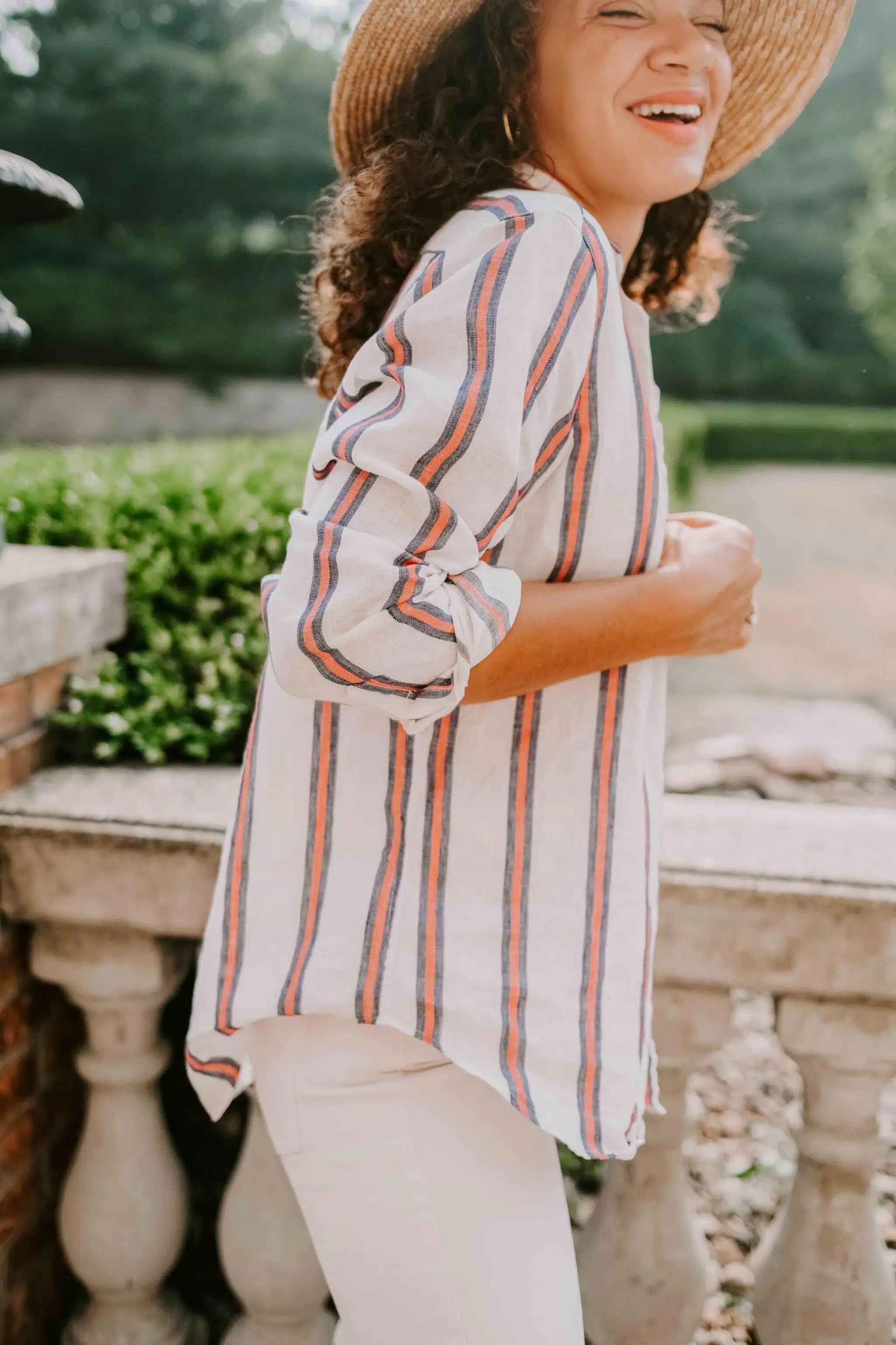 striped linen button down summer outfit