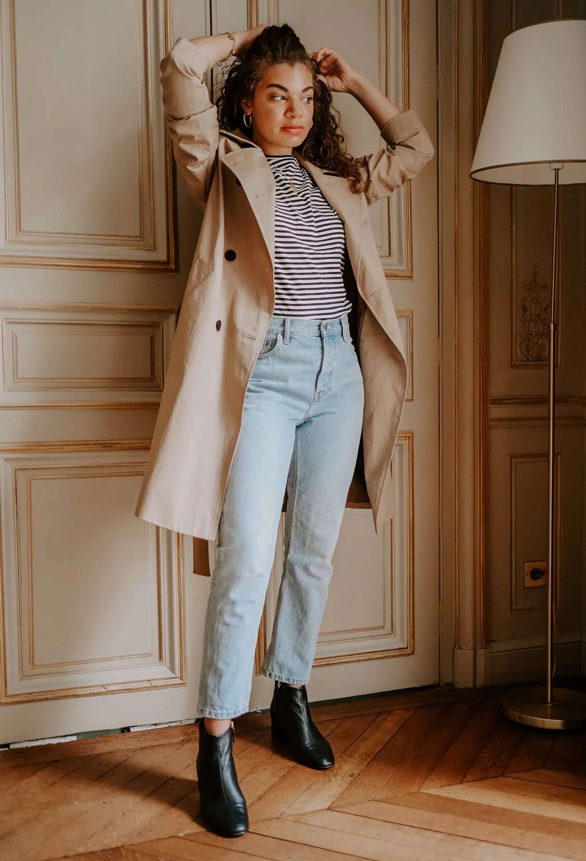 trench coat and striped tee outfit